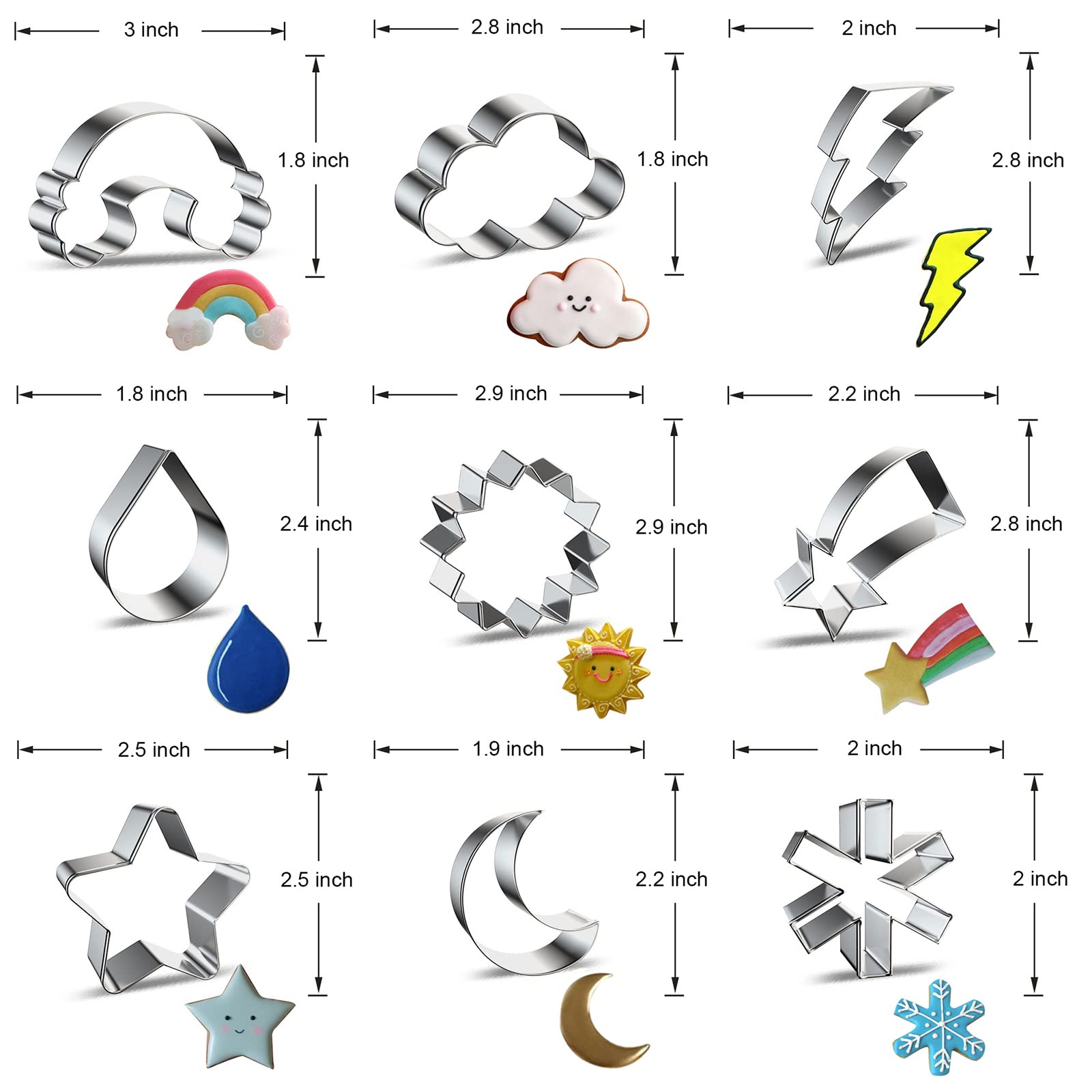Weather Cookie Cutter Set For Baking - 9 Piece - Rainbow Cloud Lightning Bolt Raindrop Sun Shooting Star Moon Snowflake Cookie C