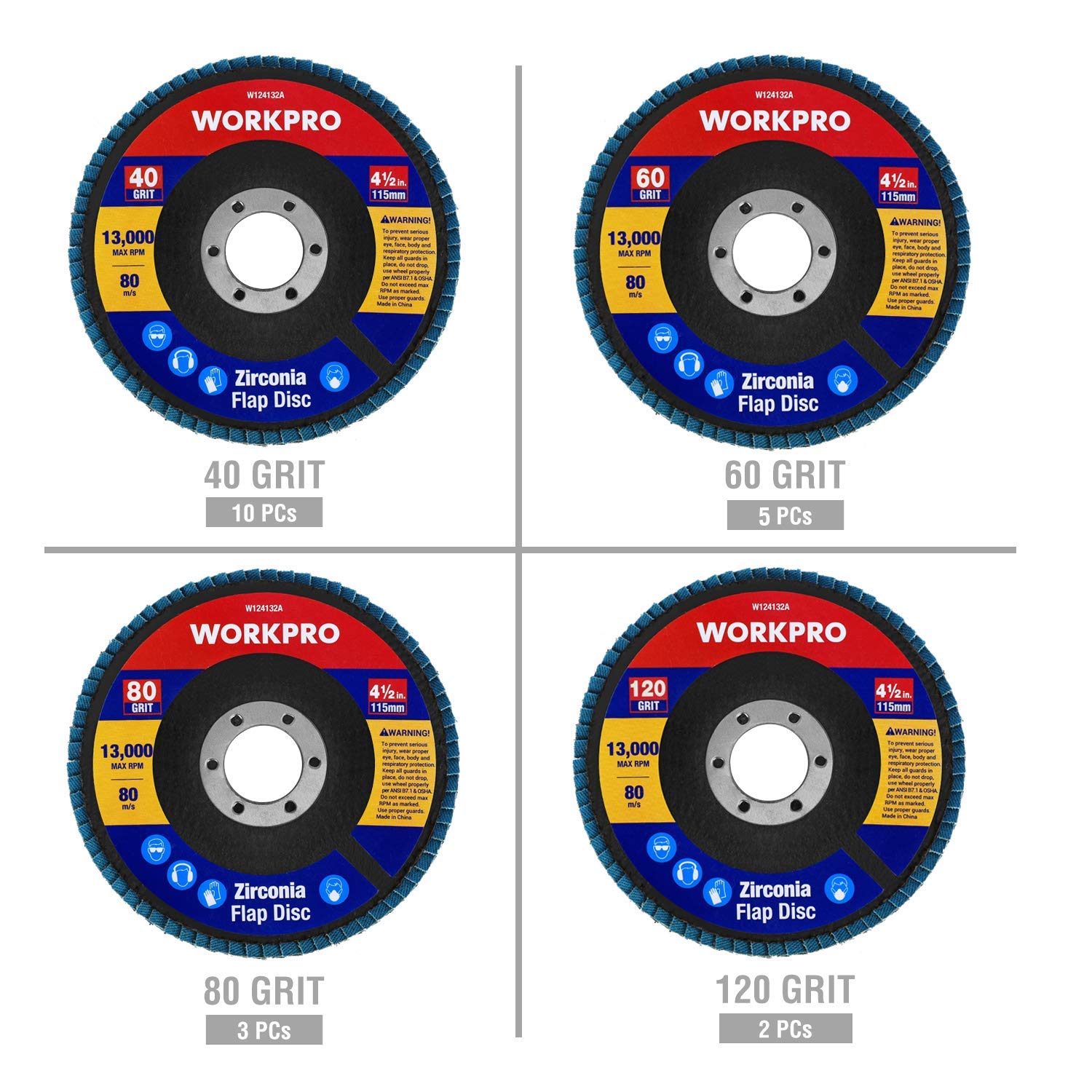 Workpro 20-Pack Flap Discs, 4-12-Inch, Arbor Size 78-Inch, T29 Zirconia Abrasive Grinding Wheel And Flap Sanding Disc, Includes