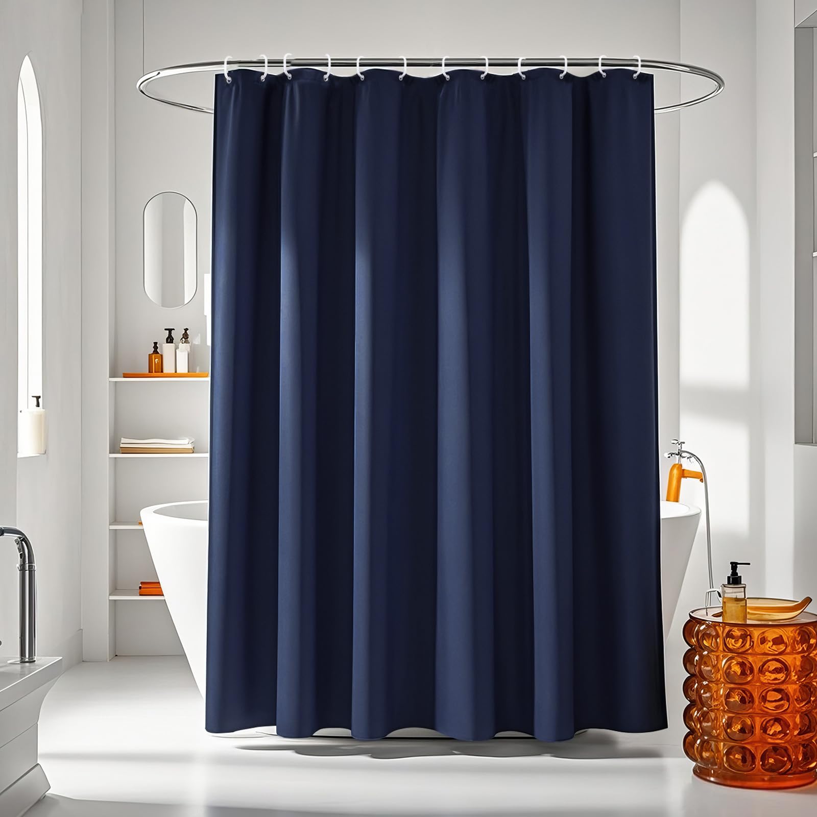AooHome 72 Width x 96 Height inch Fabric Shower Liner  Extra Long Solid Color Shower Curtain with Hooks  Weighted Hem  Waterproof  Navy Blue