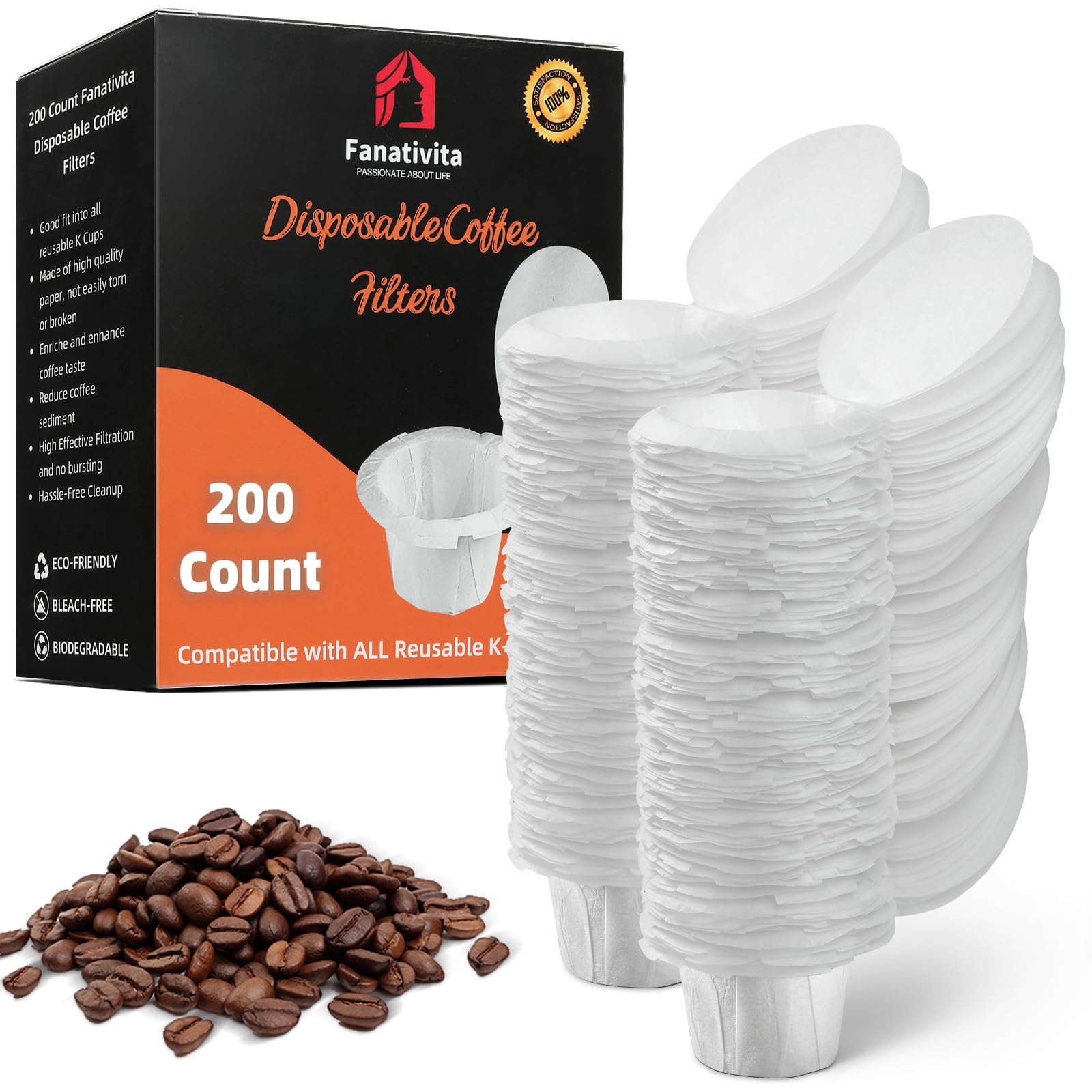 200 Count Fanativita K Cup Filters Disposable With Genius Lid Design, Fit All Reusable K Cups For Keurig (White)