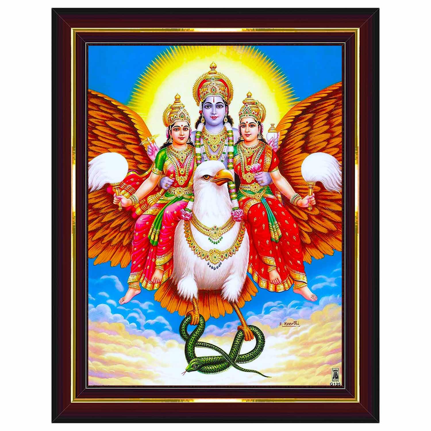 Pavan Photo Laminations Vishnu Laxmi Lakshmi Narayan Garud Puran Wall Painting Framed Home Decor (Wood,Matte,Brown,Small Size,6