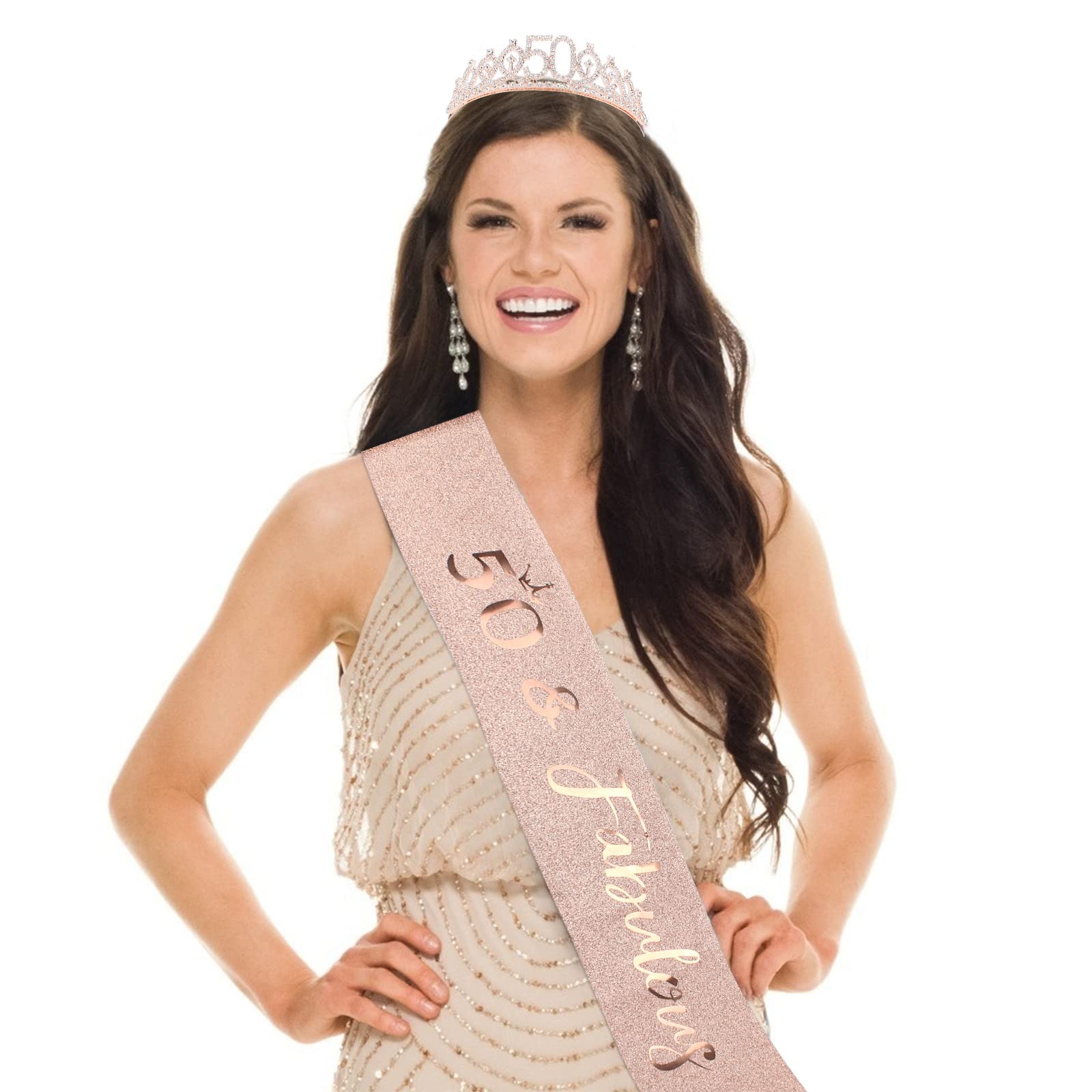 Cieher 50Th Birthday Crown + 50 & Fabulous Birthday Sash + Pearl Pin Set, 50Th Birthday Gifts For Women Friends 50Th Birthday De