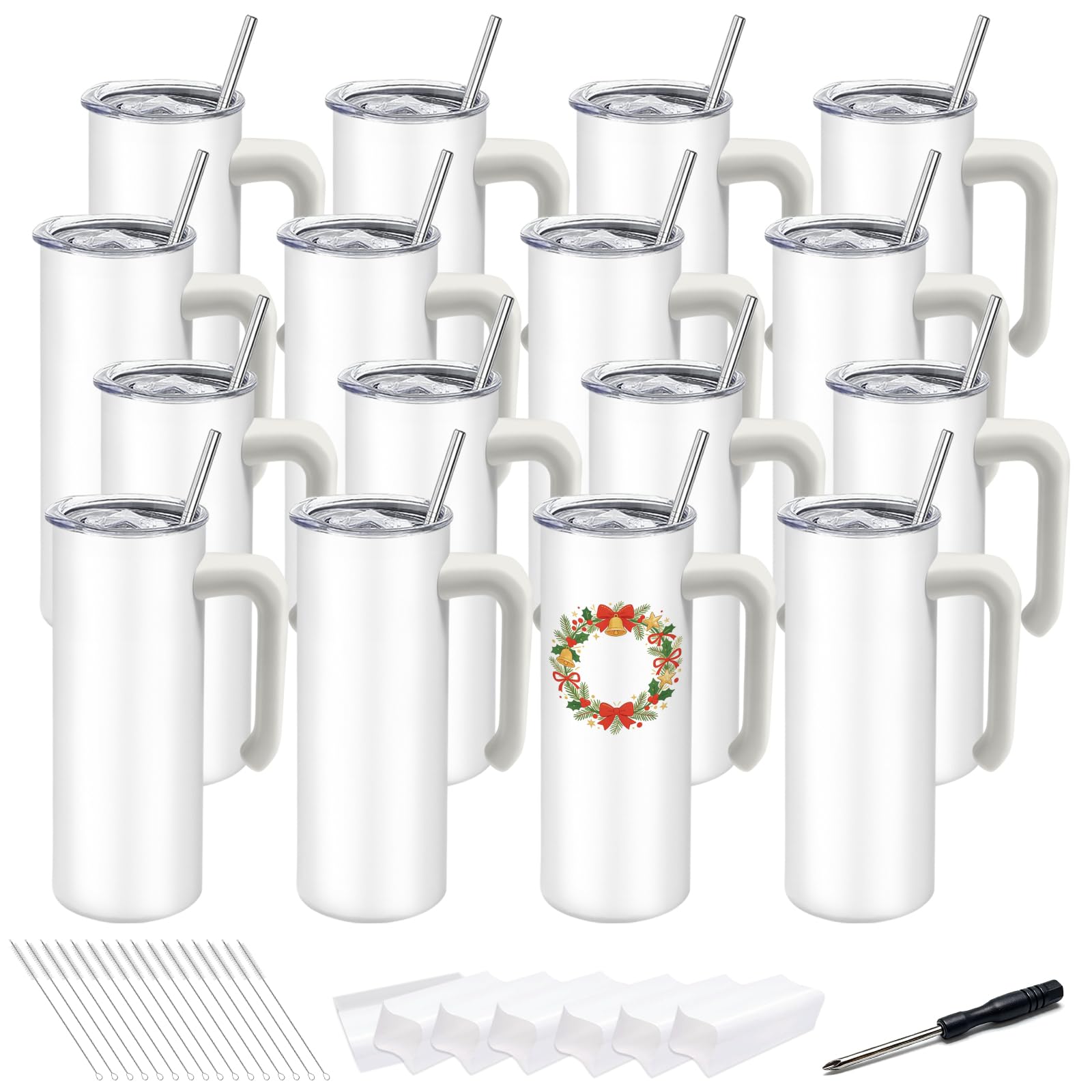 16 Pack Sublimation Tumblers Blanks Skinny Straight Bulk 20 oz with Removable handle, Stainless Steel Double Wall Insulated Subl