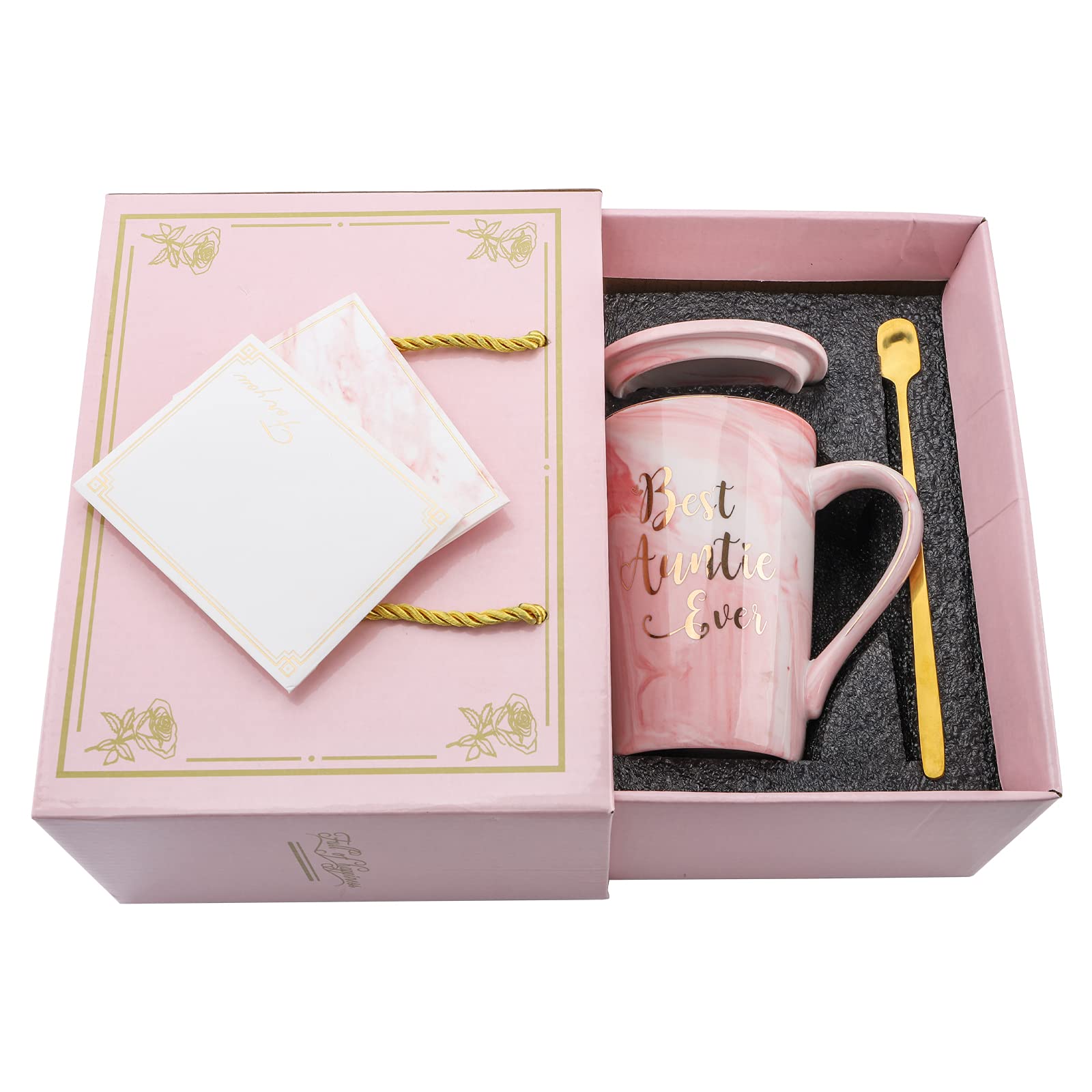 Hedume Best Auntie Ever Mug, 12 Oz Pink Marble Ceramic Coffee Cup With Gifts Box And Greeting Card, Aunt Gifts From Niece And Ne