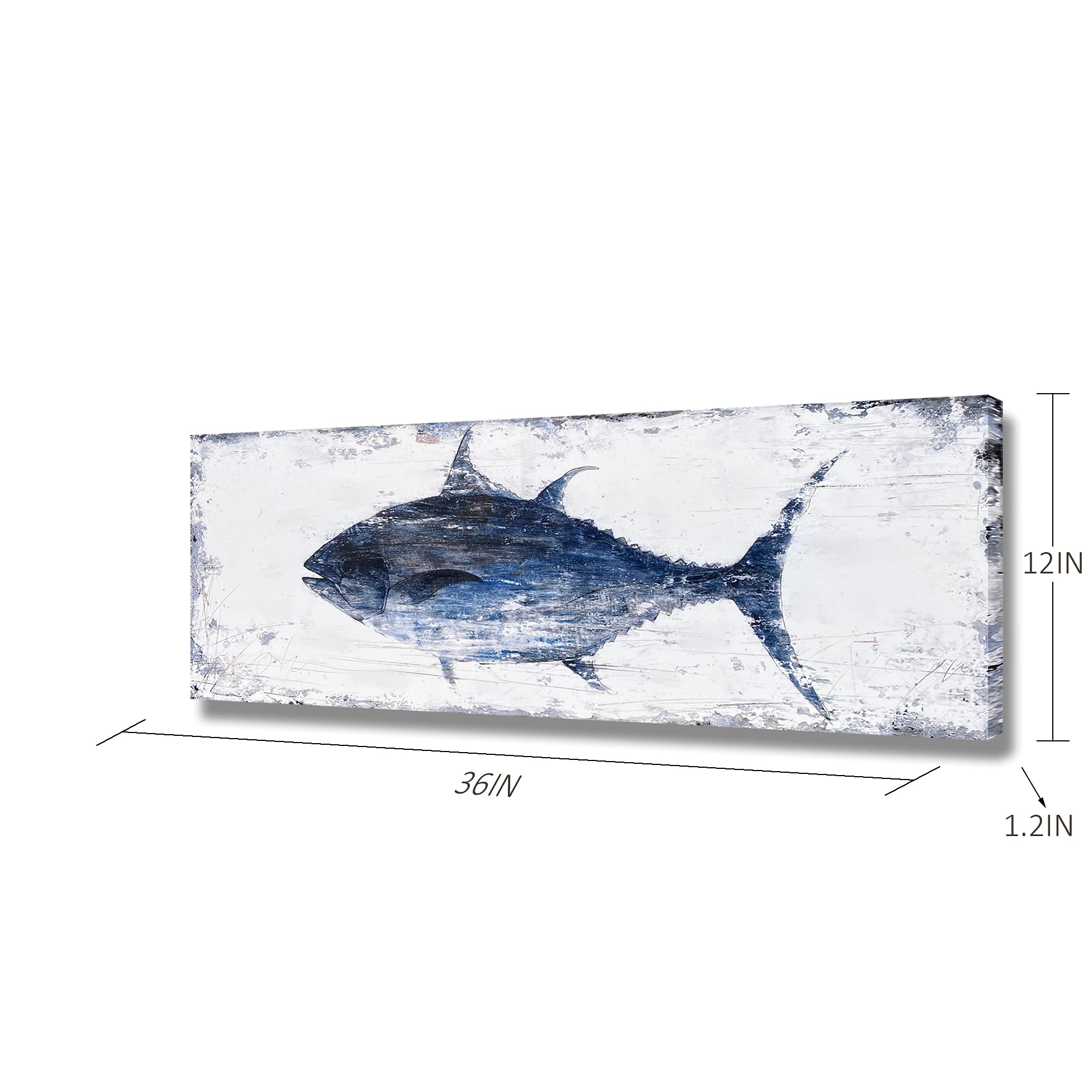 Batrendy Arts Tuna Picture Wall Art Navy Blue And White Fish Canvas Painting Nautical Beach Coastal Style Artwork For Bathroom L