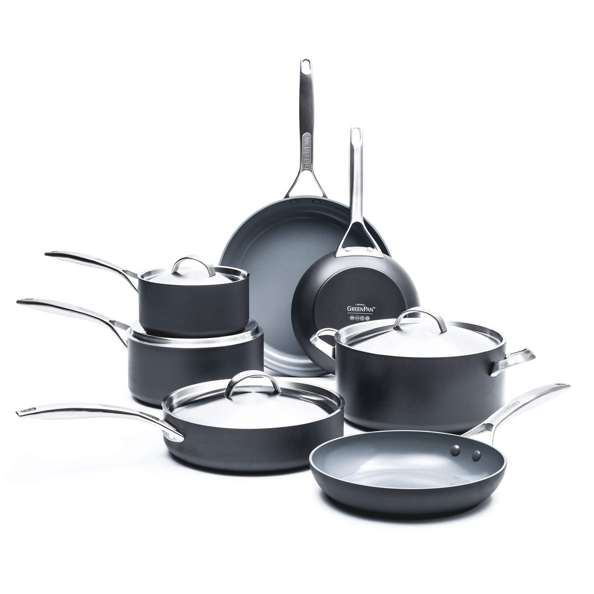 GreenPan Paris Pro Hard Anodized Healthy Ceramic Nonstick, 11 Piece Cookware Pots and Pans Set with Stainless Steel Lids, PFAS-F