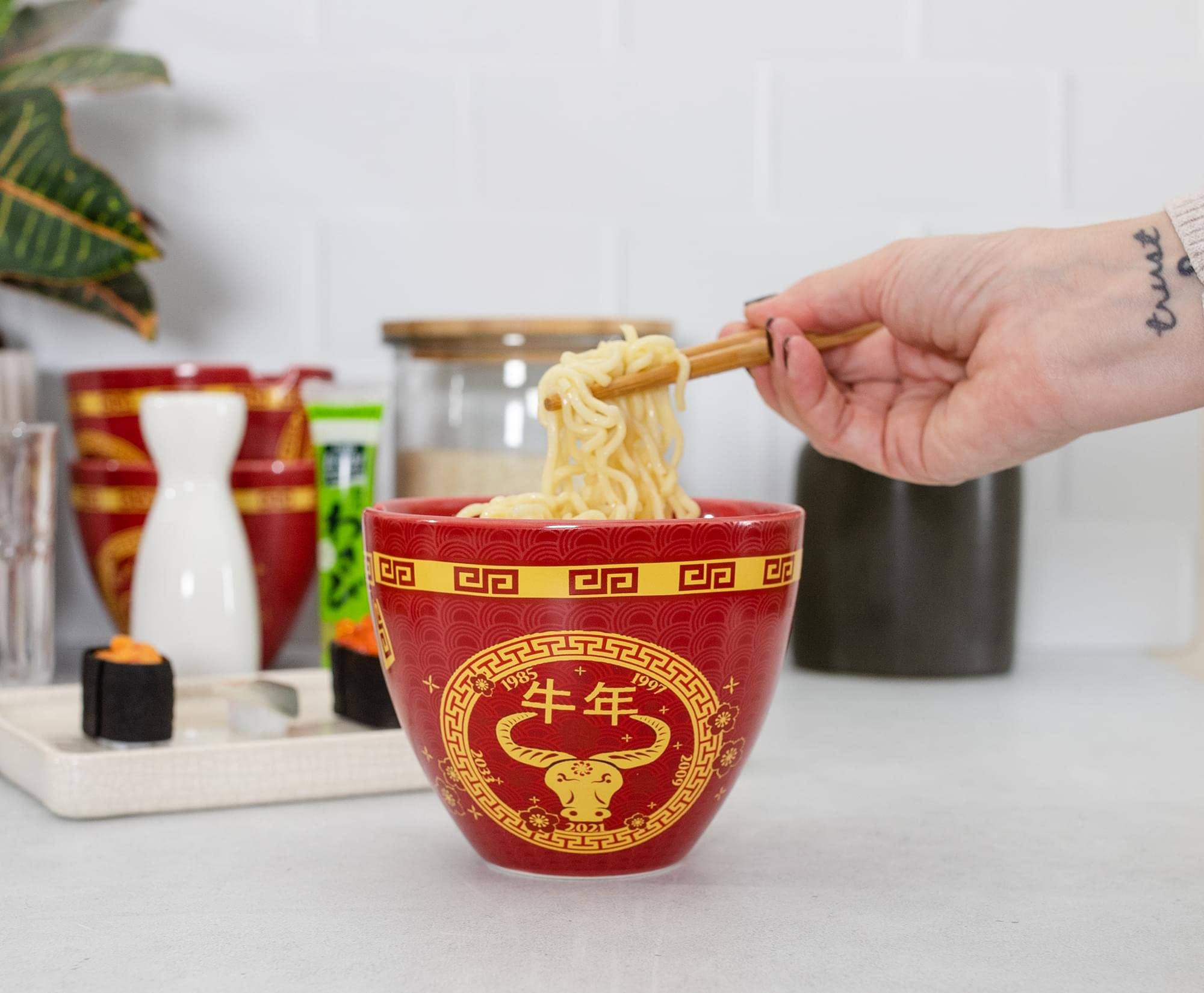 Boom Trendz Year Of The Ox Chinese Zodiac Ceramic Dinnerware Set | Includes 16-Ounce Ramen Noodle Bowl And Wooden Chopsticks Asi