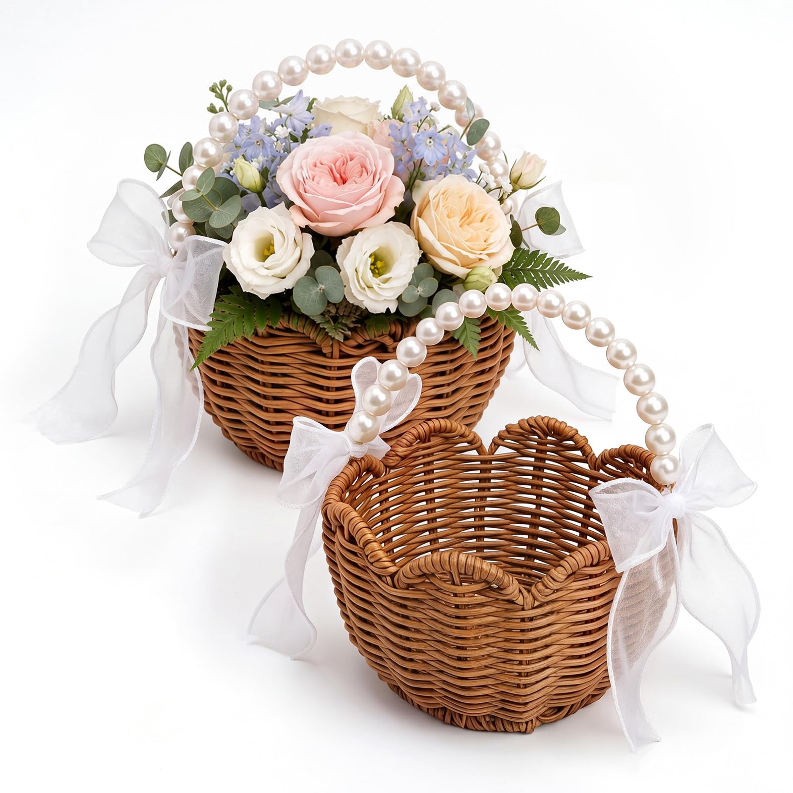 Domensi 2pcs Scalloped Wicker Flower Girl Basket with Pearl Handle, Brown