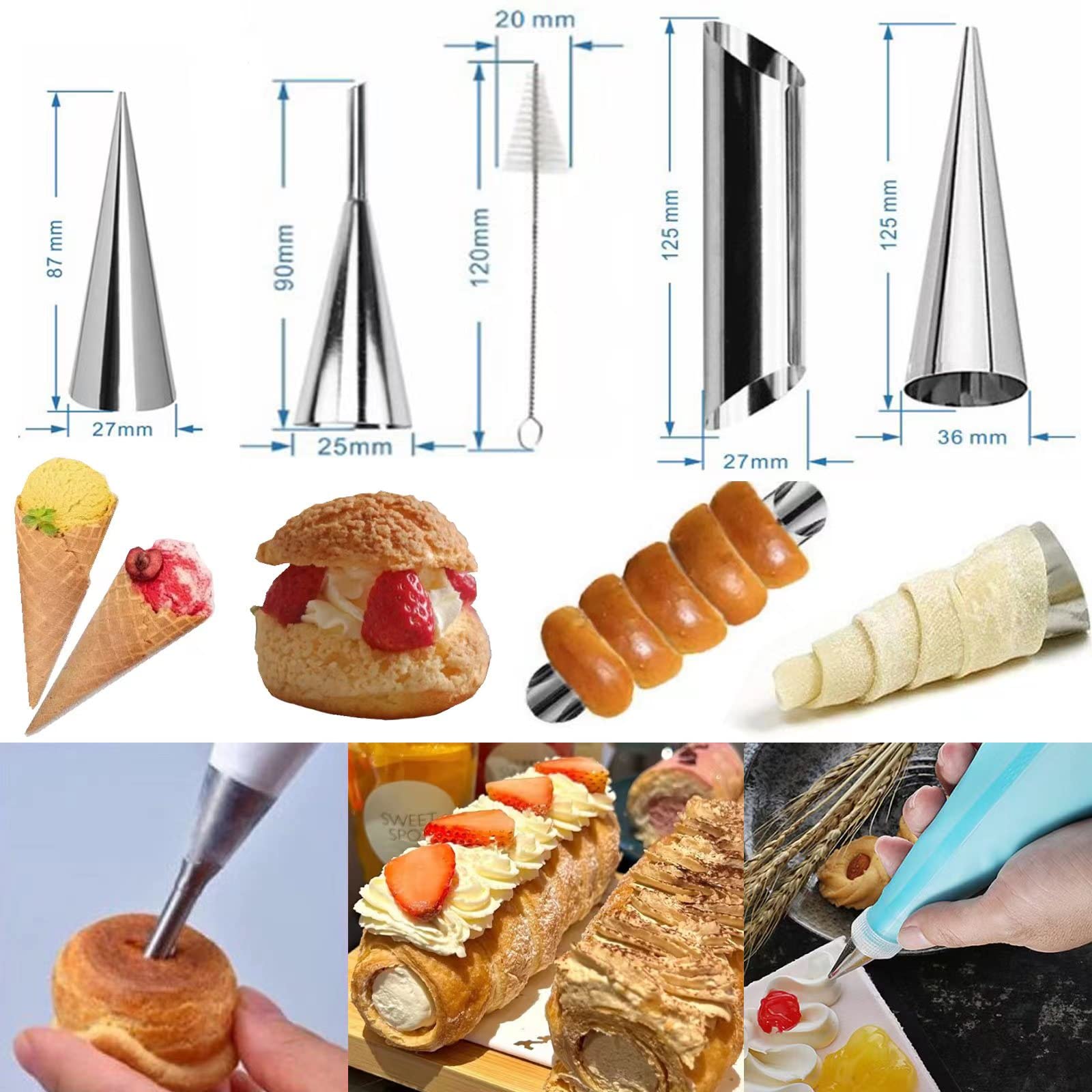 Ambestar 33 Pack Cannoli Forms Tube Set, 10 Cannoli Forms, 10 Large Hones Form Mould 10 Small Croissant Moulds, Brush, Reusable