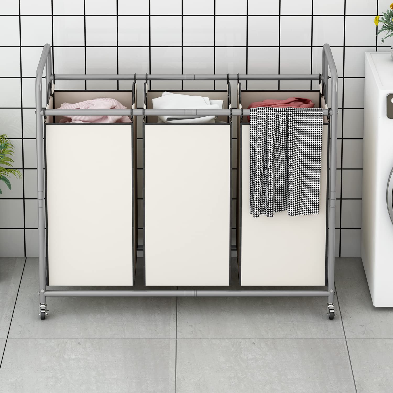 Linzinar 3-Bag Laundry Sorter,Laundry Hamper Cart With Heavy Duty Rolling Lockable Wheels And Removable Bags (Beige)