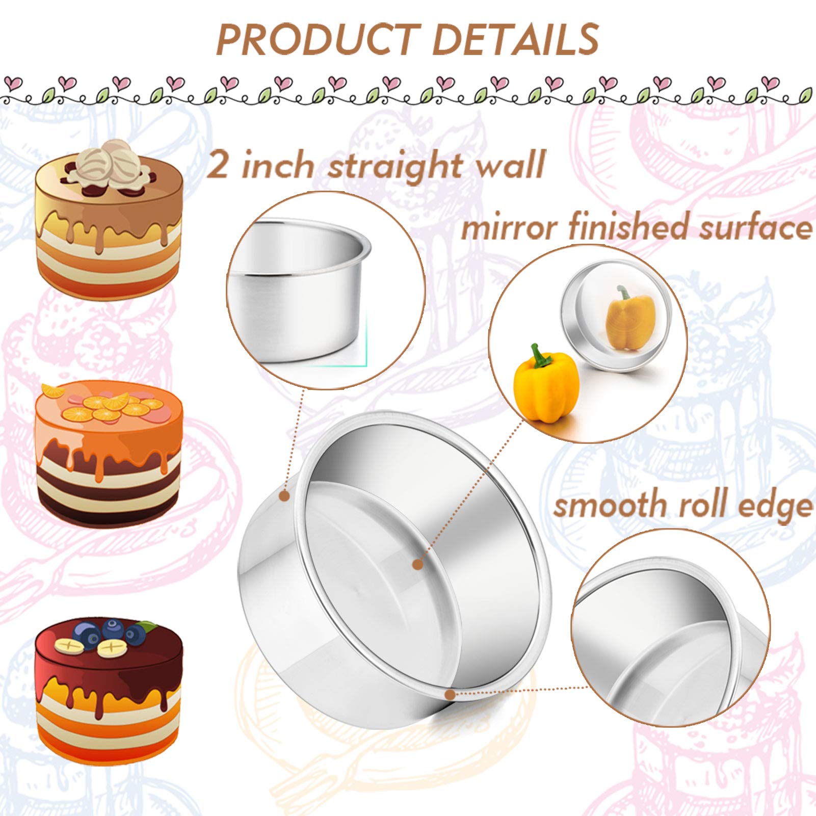 Teamfar 4 Inch Cake Pan, 6 Pcs Layer Baking Round Cake Pans Set Stainless Steel, For Baking Steaming Serving, Healthy & Sturdy,