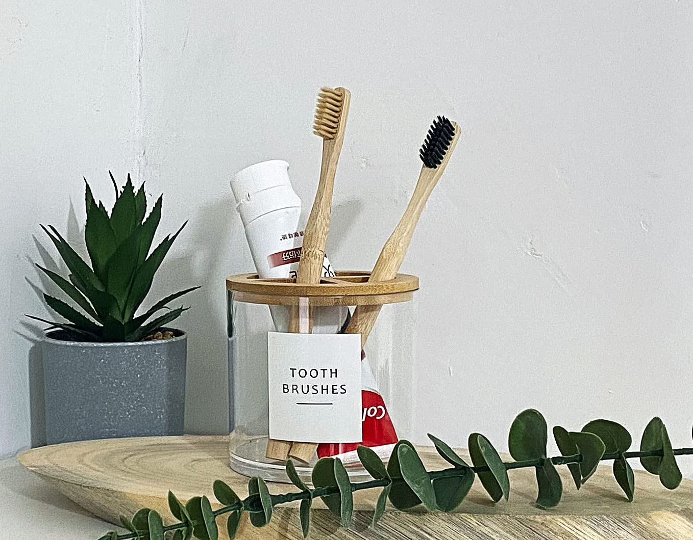Onsogi Thick Clear Plastic Toothbrush Holder With Bamboo Lid For Bathroom Decor, Toothbrush Organizer Stand For Bathroom Vanity