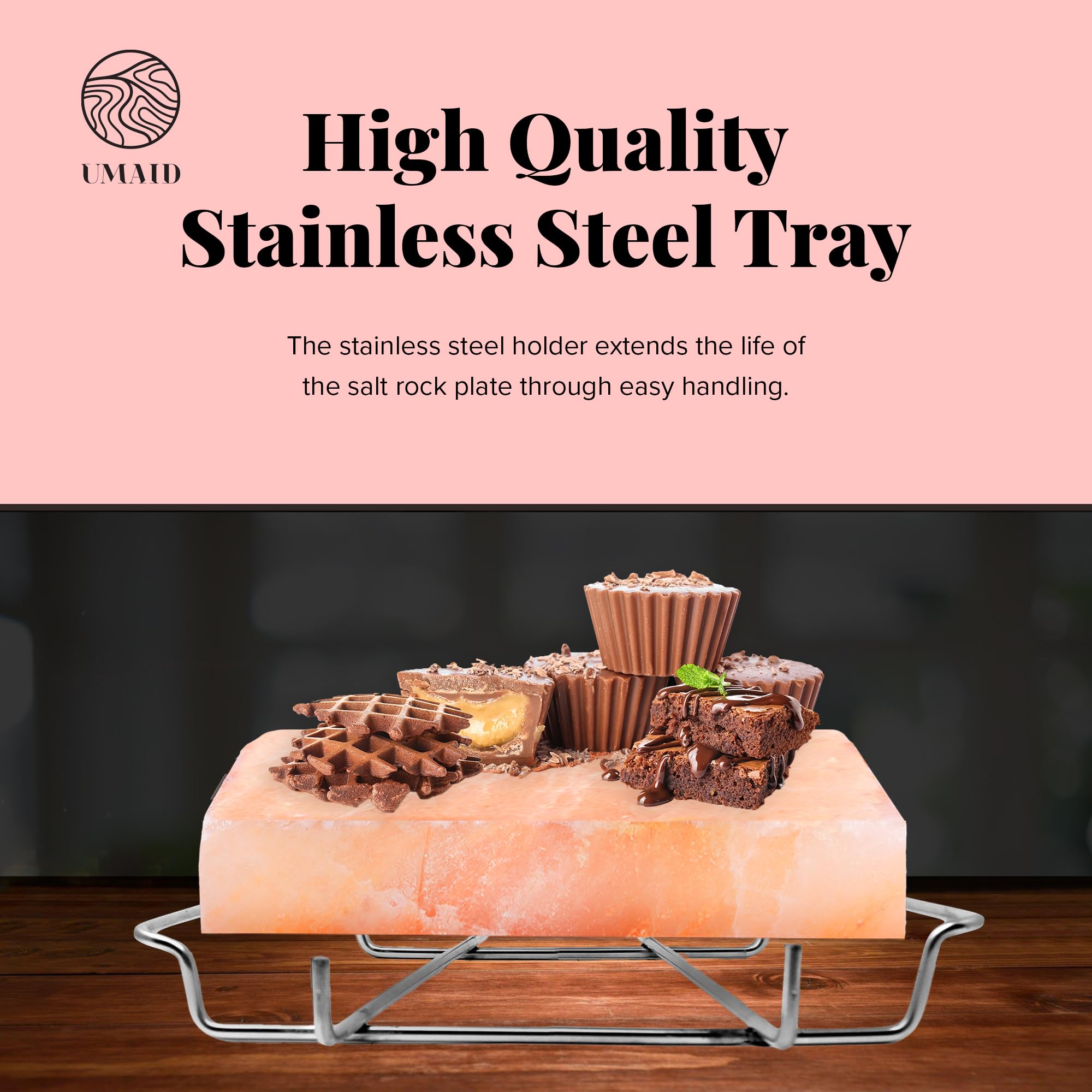 UMAID Himalayan Salt Block For Grilling, Cooking, Cutting and Serving,8X8X1.5 Food Grade Himalayan Pink Salt Stone on Stainless