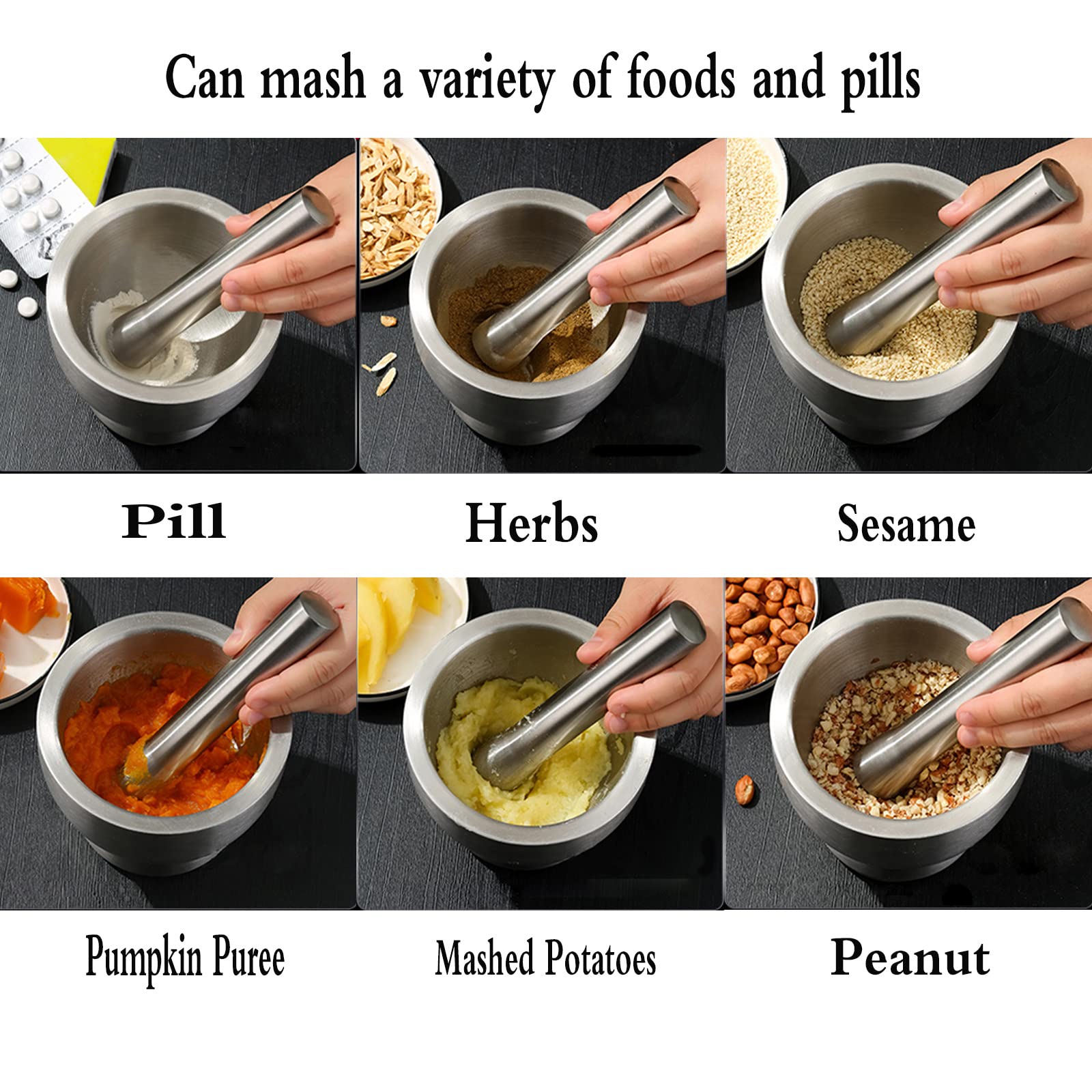 Locci Mortar And Pestle Set Large, Molcajete, Pill Grinder Guacamole Muddler And Bowls Herb Pesto Spice Crusher, 18/8 Stainless
