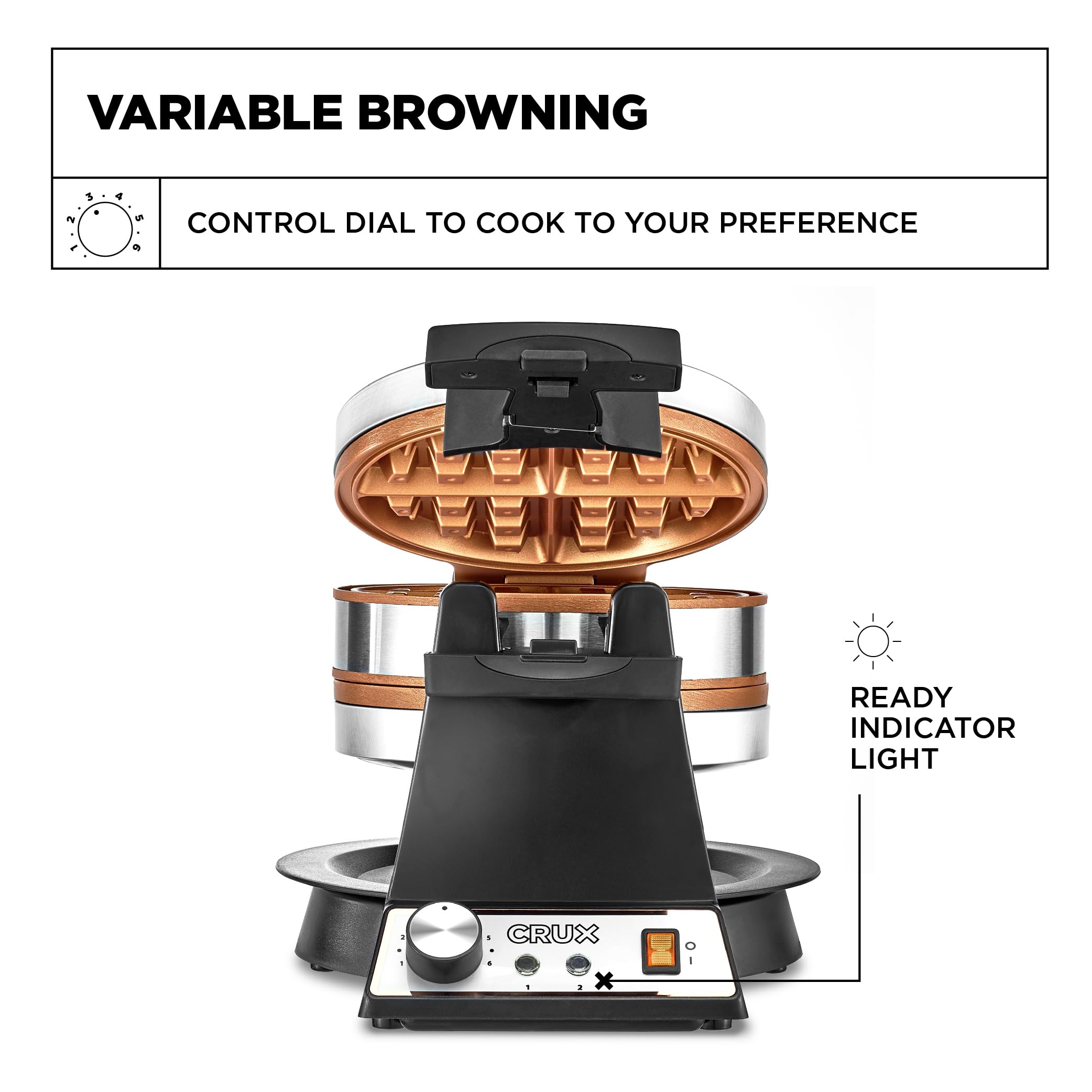 Crux Double Rotating Belgian Waffle Maker, Keto Chaffles Iron With Nonstick Pfoa Free Copper Plates For Easy Food Release, Brown