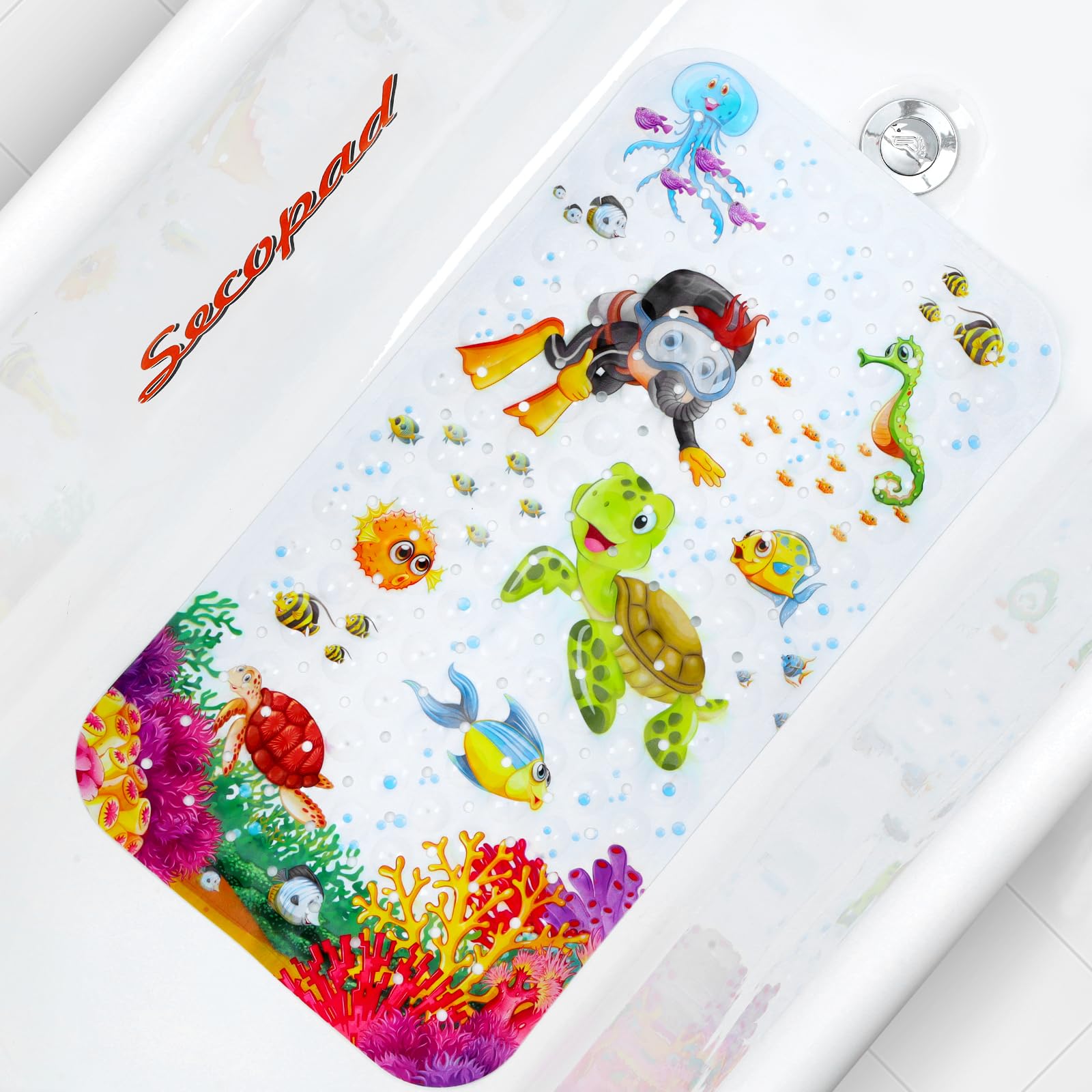 Baby Bath Mat For Tub For Kids, 27.5In X 15In Non Slip Cartoon Bath Tub Shower Mat Anti Slip With Drain Holes And Suction Cups M