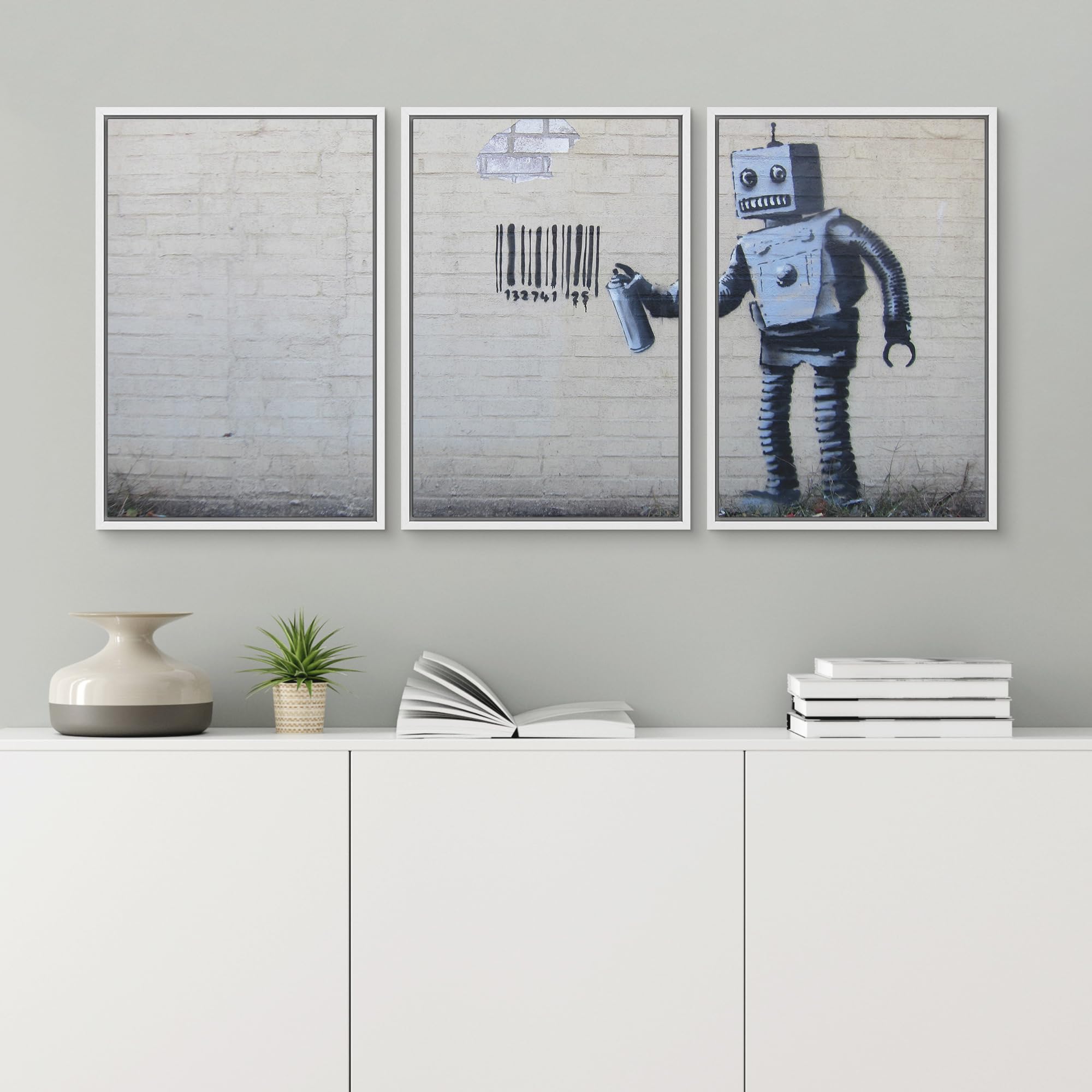 Wall26 - Robot Graffiti Banksy Street - Framed Canvas Art Wall Art - 16''X24''X3 White