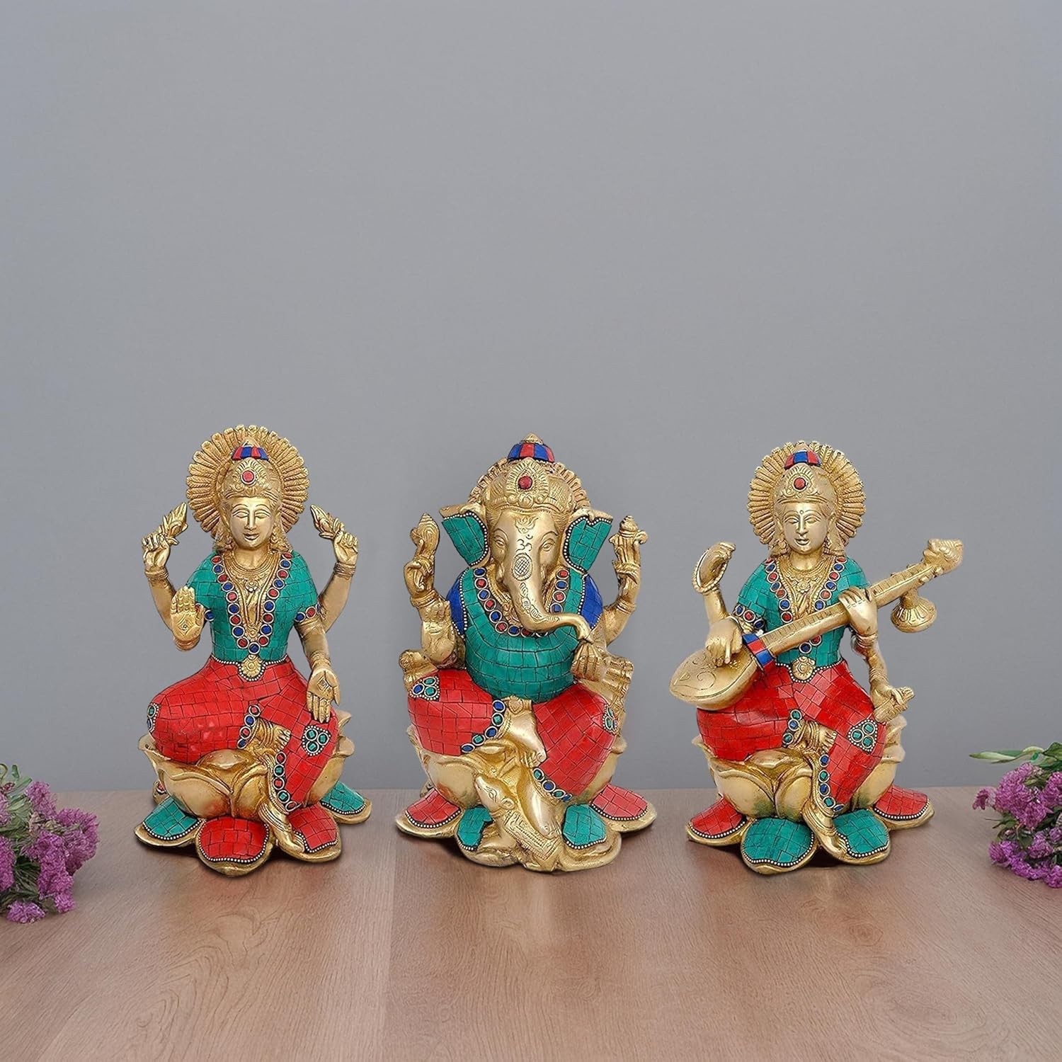 Dattatreya Brass Ganesha Ganesh Murti Idol Statue Lakshmi Saraswati Statue - Set Of Three Height 9.5 Inches