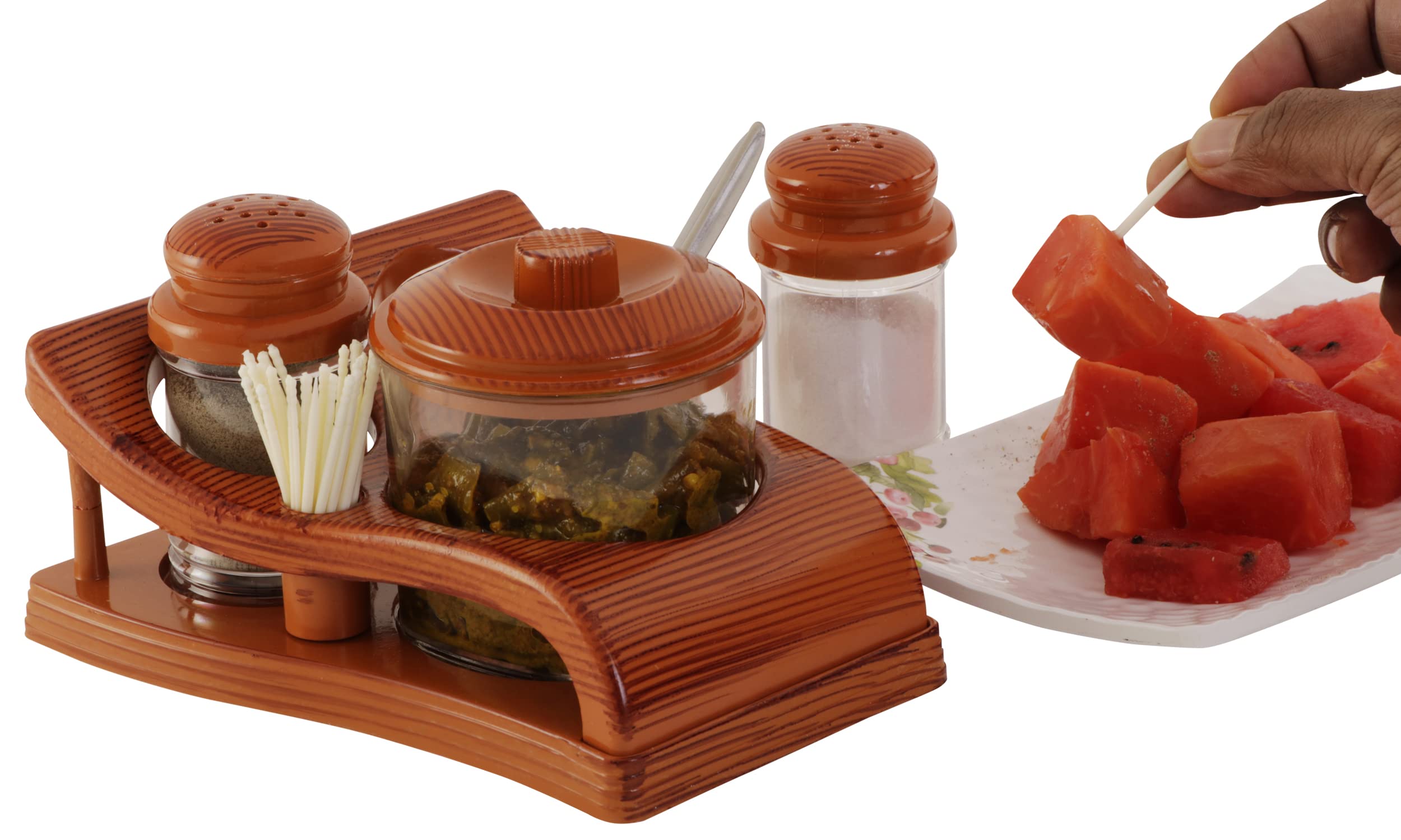 Nabhya Complete Dining Table Set of Pickle Jars, Salt and Pepper Dispenser, Toothpick Holder and Spoon Holder(Wooden Look Design