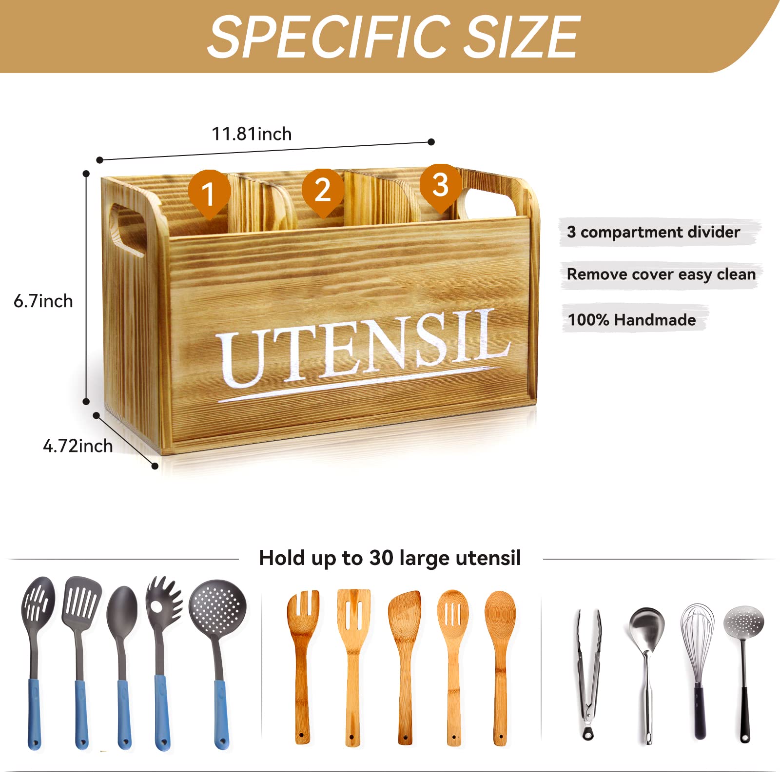 Brekle Kitchen Utensil Holder Rustic Large Wooden Utensil Organizer Cooking Tools Storage (Farmhouse Wooden)