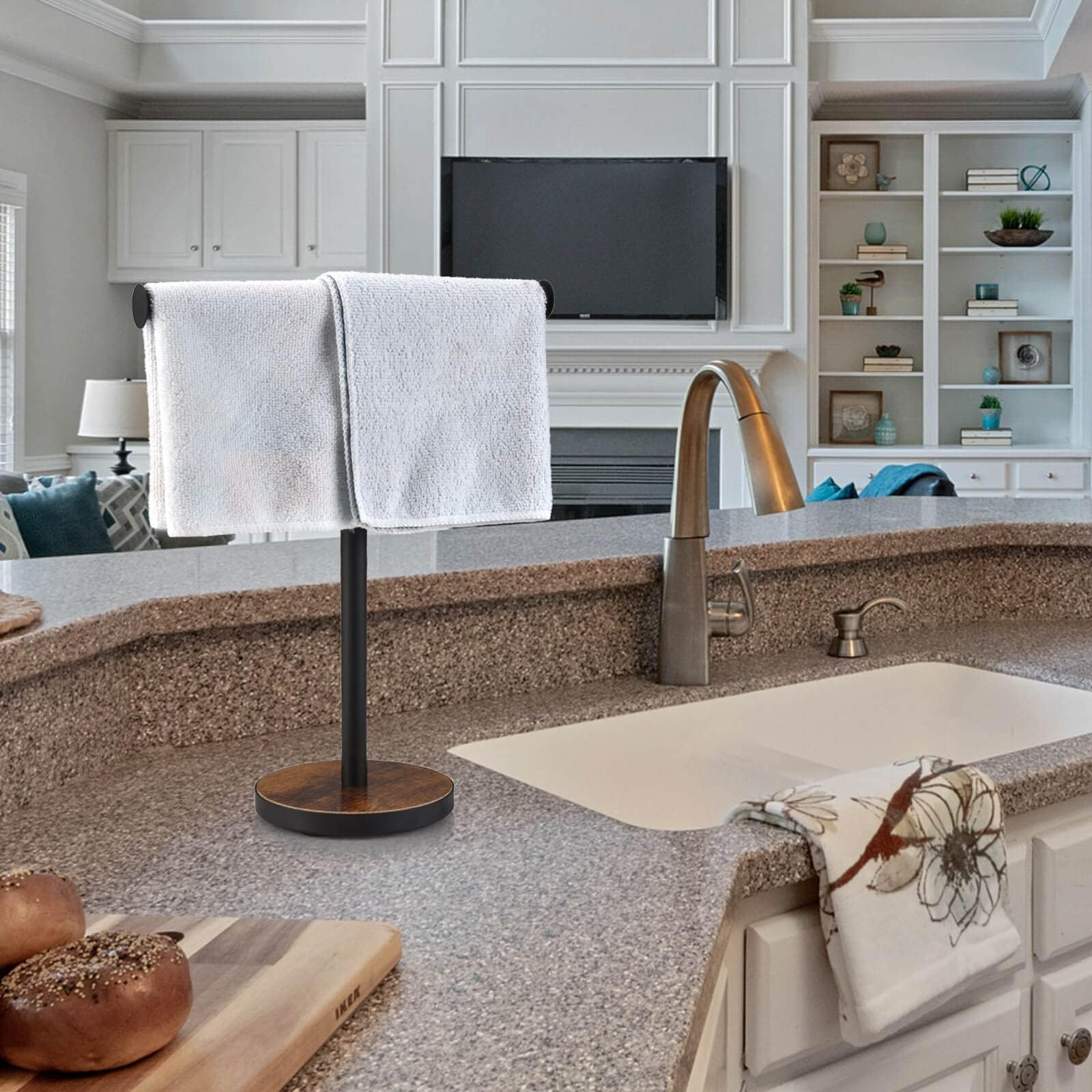 BCOZLUX Towel Holder Stand  Countertop Hand Towel Stand for Bathroom and Kitchen  Free Standing Counter Towel Rack with Weighted Wood Base  Rustic Black and Brown