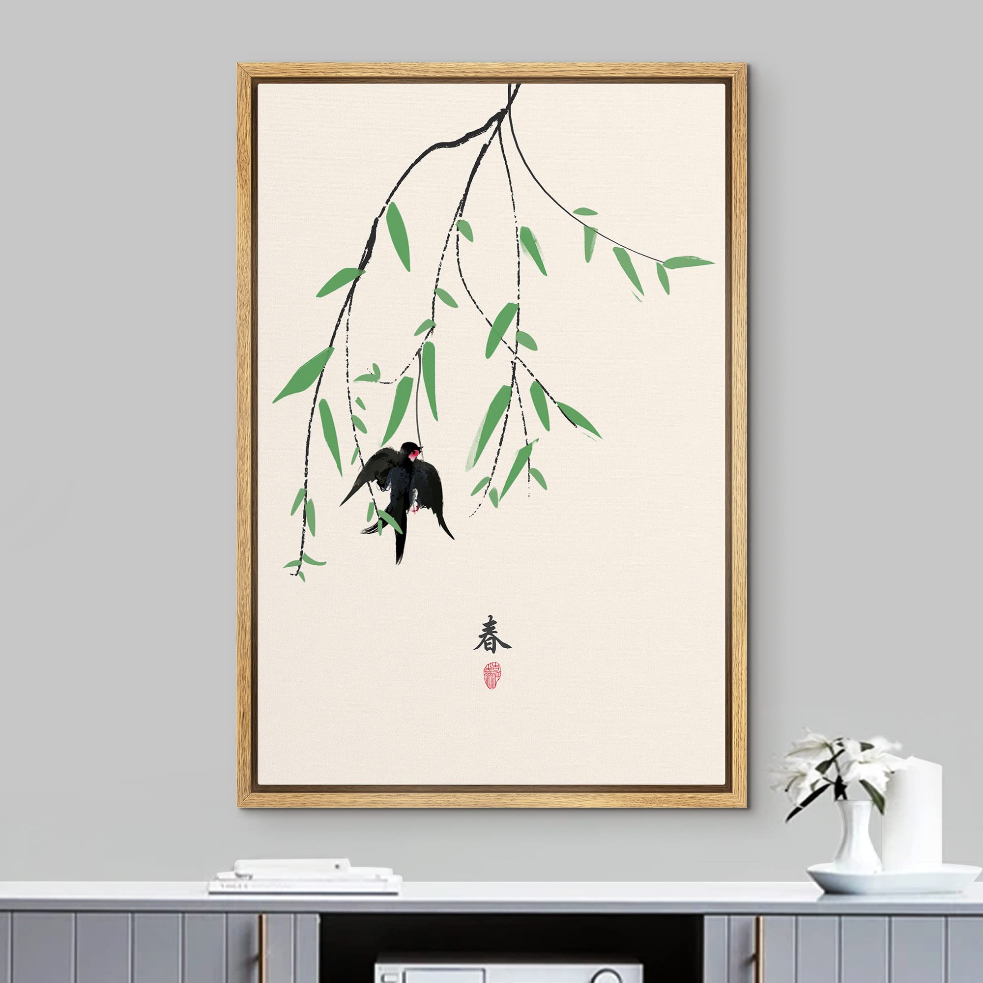 NWT Framed Canvas Print Wall Art Japanese Style Blackbird in Green Branch Birds Wildlife Illustrations Modern Art Rustic Scenic Colorful Pastel for Living Room  Bedroom  Office - 24''x36'' Natural
