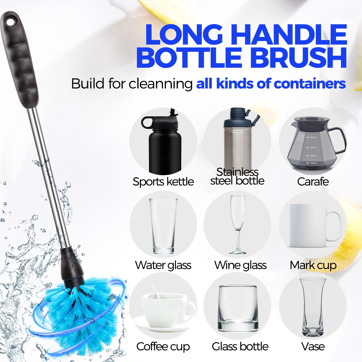 Holikme 6 Pack Bottle Brush Cleaner Set  14'' Long Handle Stainless Steel Bottle Cleaner Brush  3 Straw Brushes  Portable 3-in-1 Bottle Cleaning Brush for Water Bottle  Cups  Baby Bottle  Straws Blue