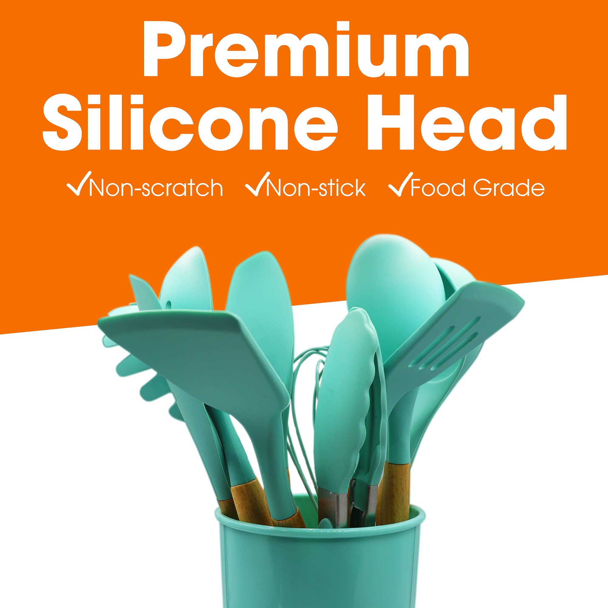 Cheer Collection 12 Piece Silicone Spatula Set With Wooden Handles - Non-Stick Silicone Utensils For Cooking, Aqua
