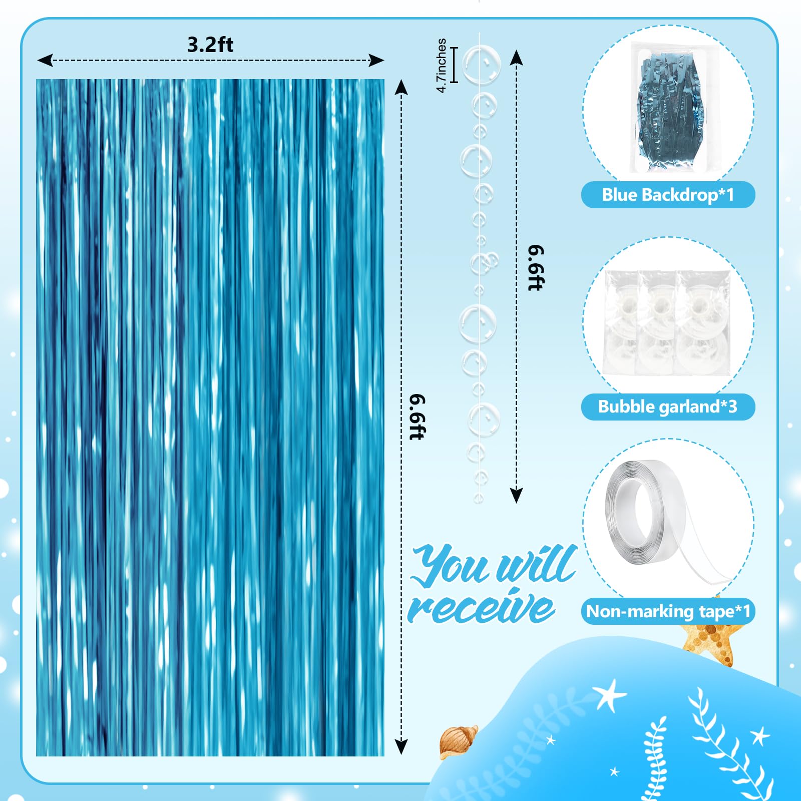 Under The Sea Party Decorations,1 Blue Fringe Backdrop 3 Bubble Garlands with Tape for Beach,Water,Pool,Ocean Themed Decor,Merma