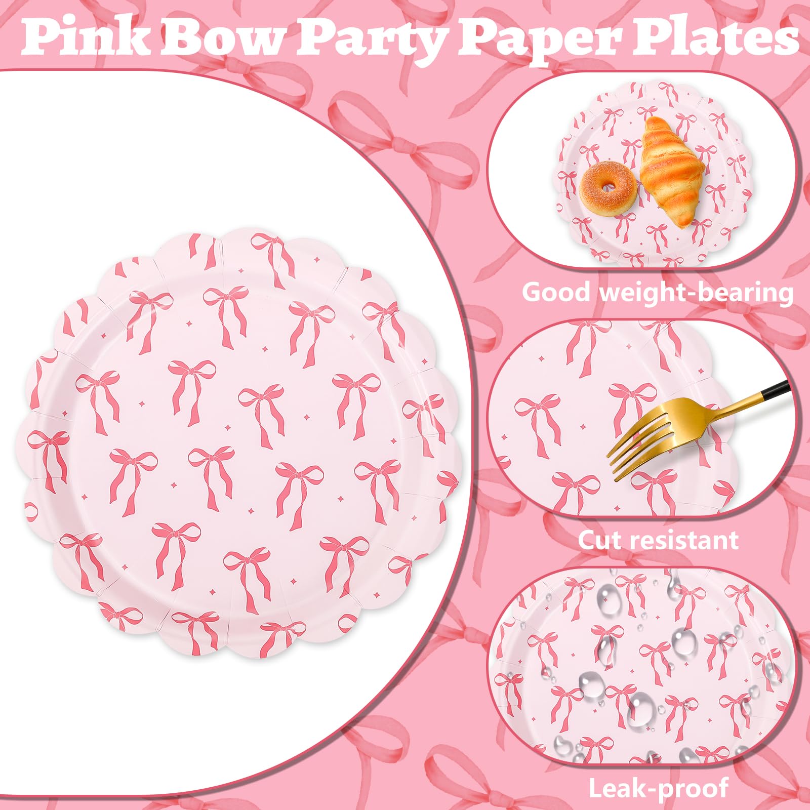 Jarthenaamcs 50 Pcs Pink Bow Paper Plate Scalloped Bowknot Disposable Plate 9 Inch Decorative Dinner Plate For Valentine'S Day B