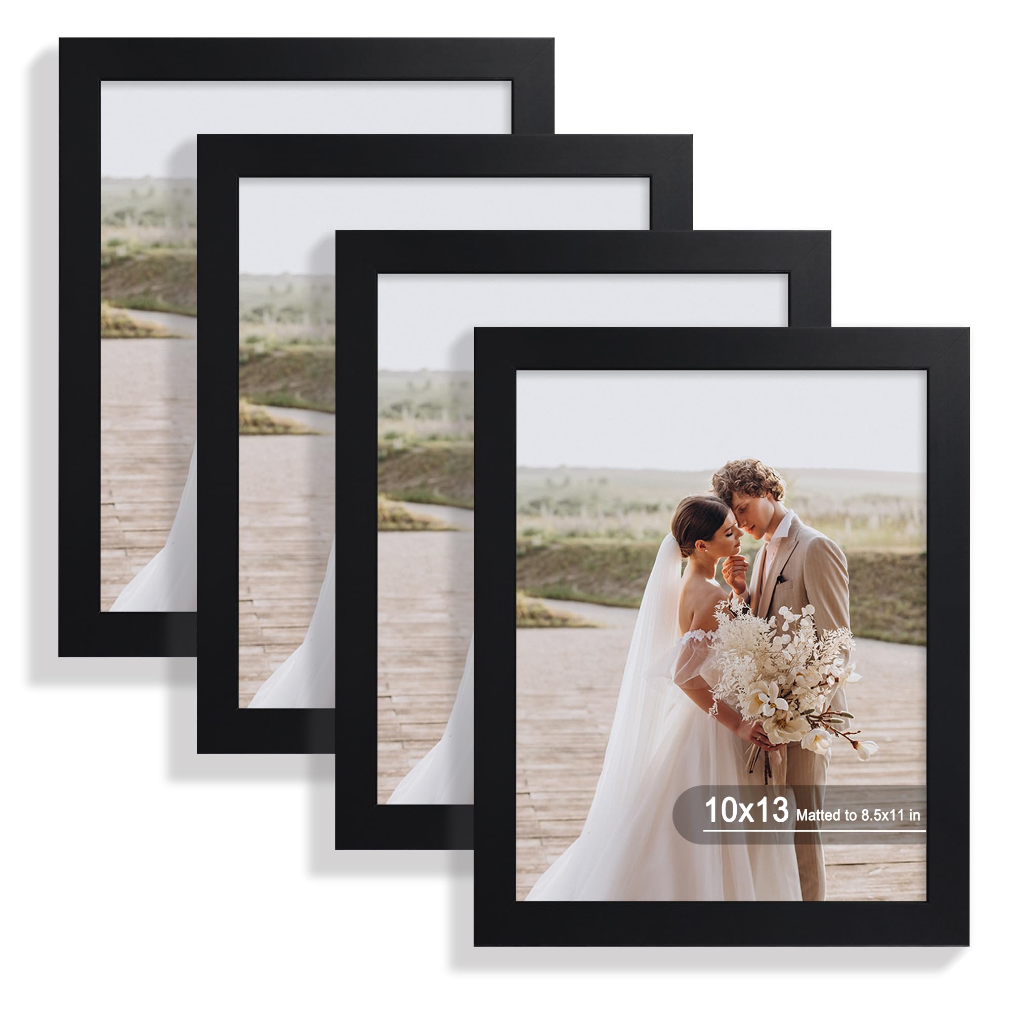 Hongkee 10x13 Picture Frame Set of 4, Made of Real Glass and Black Frame, 10 by 13 Photo for Wall or Tabletop - Display Picture 