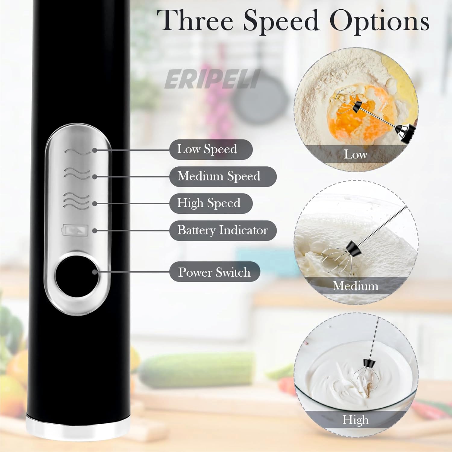 Eripeli Hand Blender Coffee Frother Milk Frother Usb Rechargeable Electric Foam Maker For Cappuccino Whisker Egg Beater, Black