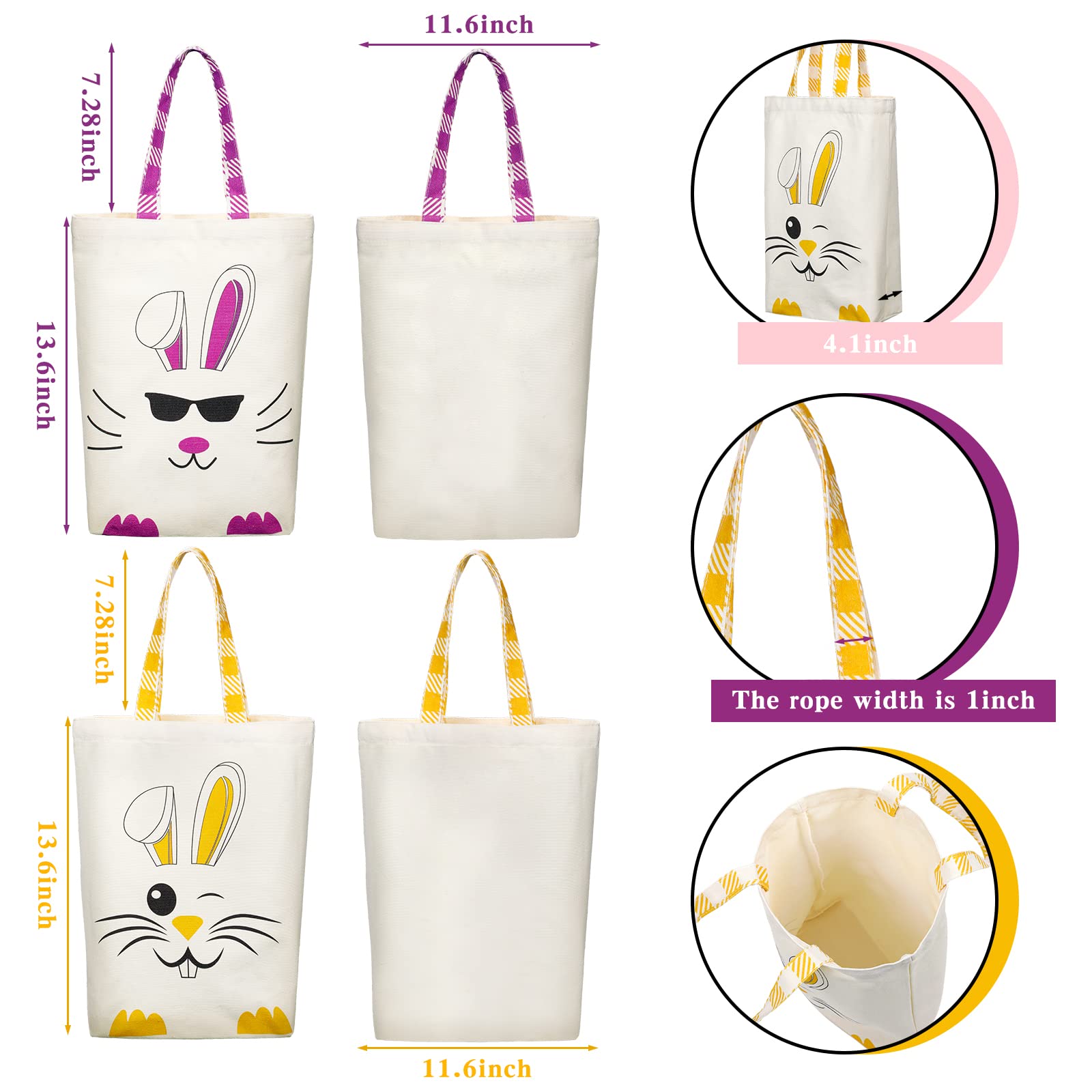 Weewooday 2 Pcs Easter Tote Bags For Kids Easter Canvas Gift Bags Bunny Ears Basket Bags For Boy Girl(Purple, Yellow)