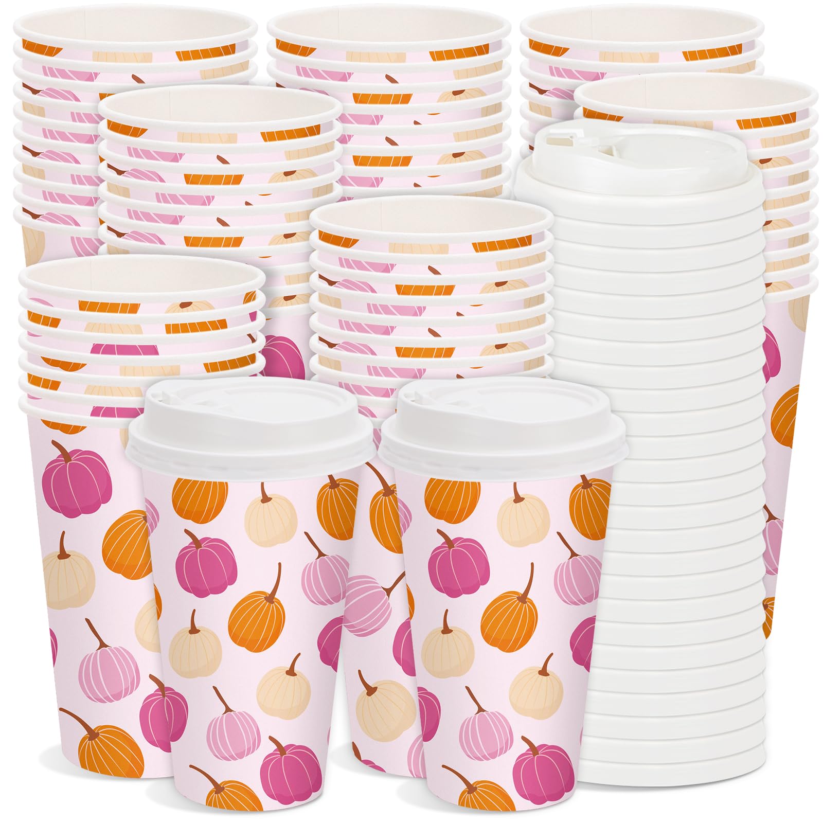 Whaline 50 Pcs Fall Disposable Coffee Cup with Lid 16 Oz Pink Thanksgiving Pumpkin Paper Cup Drinking Cups for Autumn Cafe Shop 