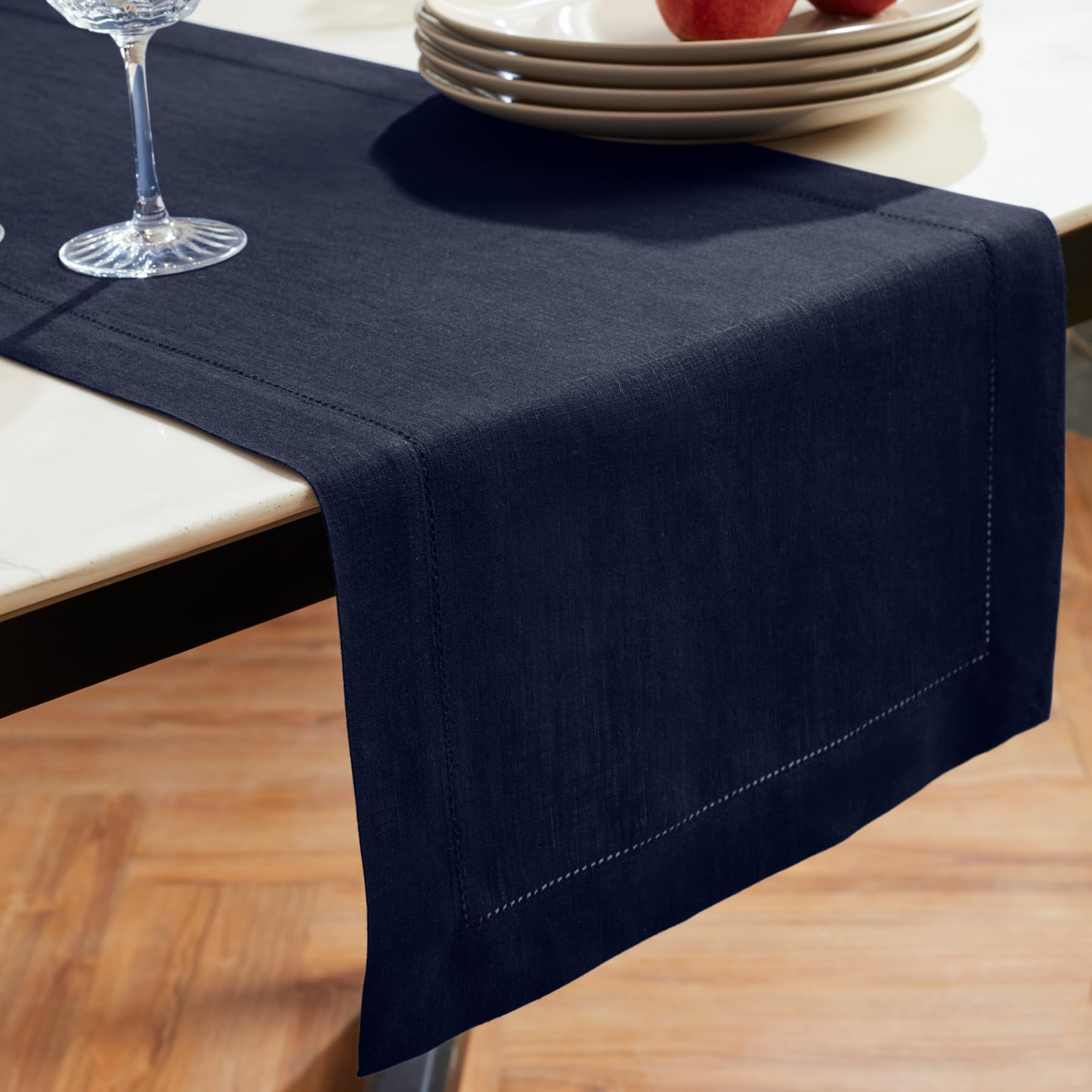 Solino Home Linen Indigo Navy Table Runner 108 Inches Long - Sonoma Hemstitch 100% Pure Linen Prewashed Dining Table Runner 14 X