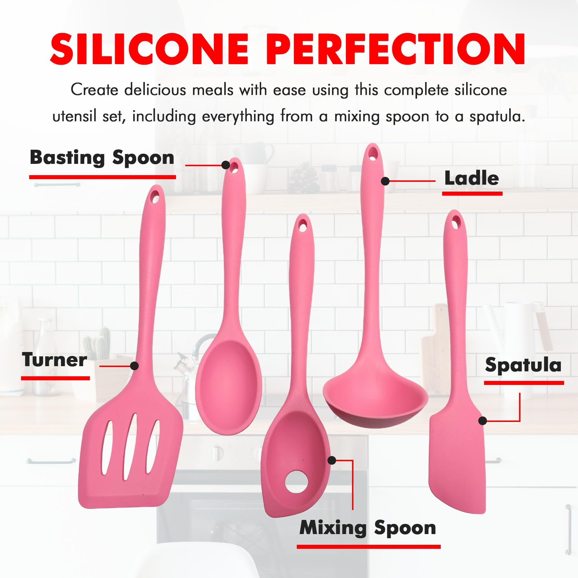 Chef Craft Premium Silicone Kitchen Tool And Utensil, 5 Piece Set, Pink