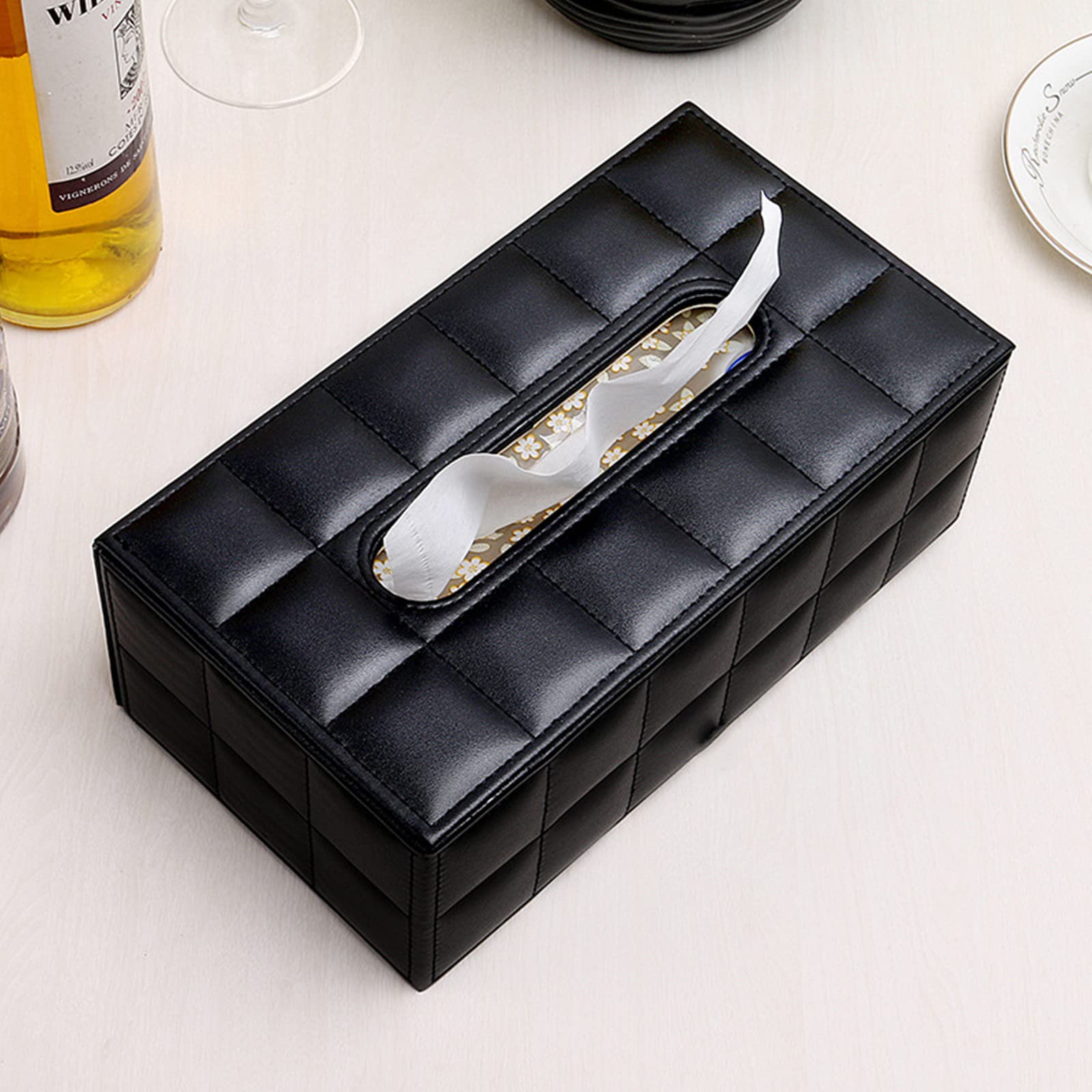 High-End Fashion Pu Leather Tissue Box Holder Business Black, Rectangular Napkin Holder Drawer Paper Dispenser, Home Office Car
