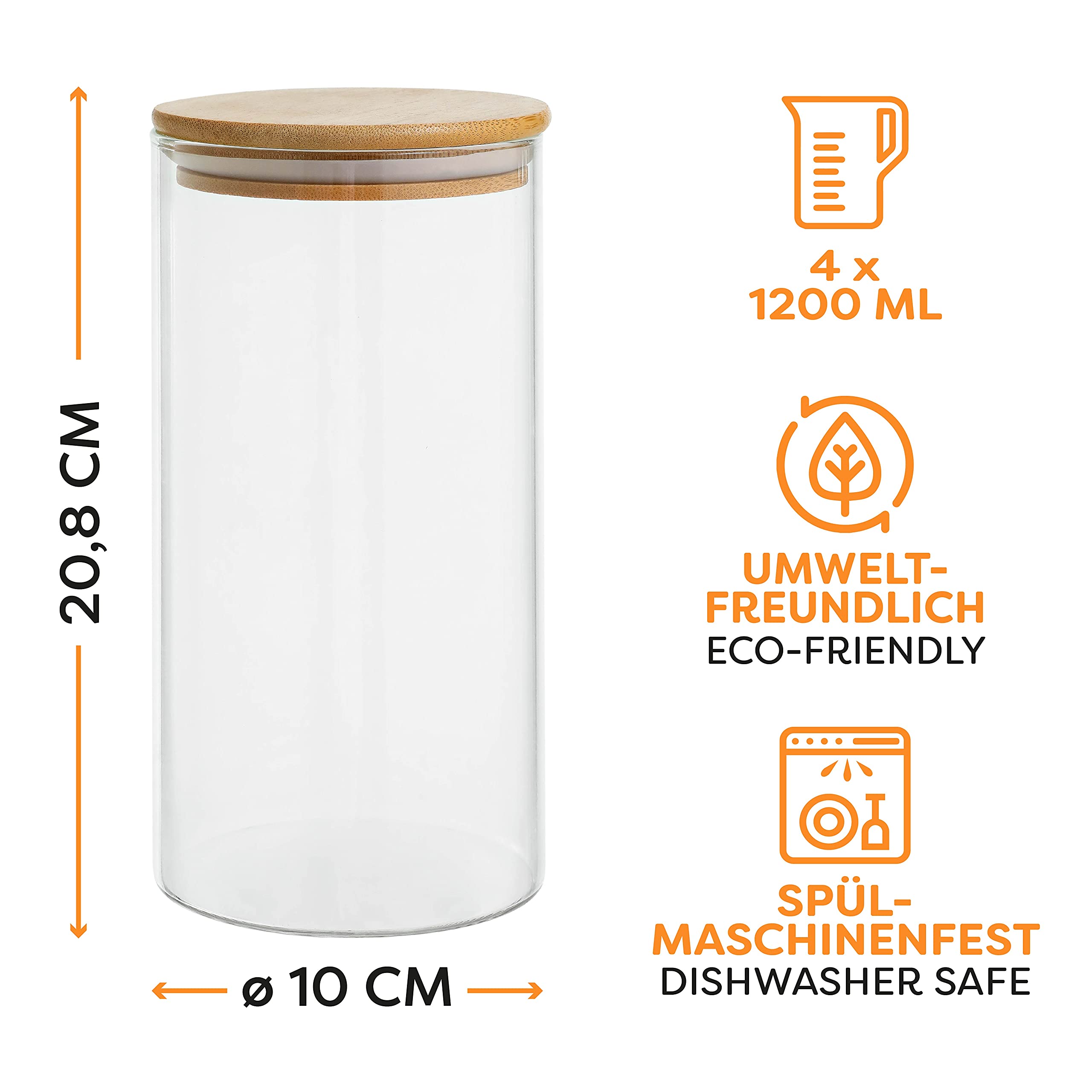 Glass Storage Jars With Lids Airtight - 4 Food Storage Jars 40 Oz - 8 Seals - Pantry Organization Jar In Borosilicate Glass With