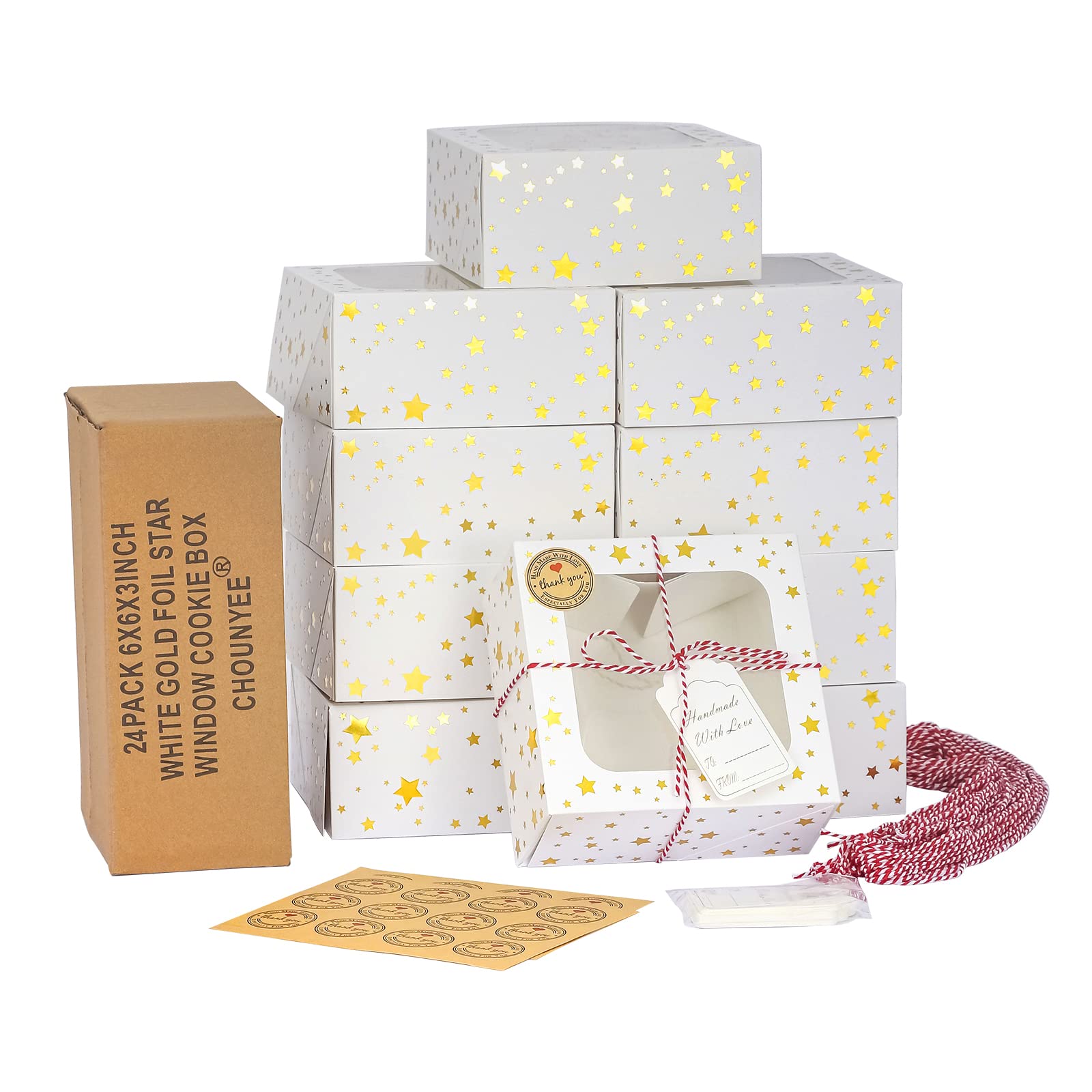 CHOUNYEE 24 Pack 6X6X3 Christmas Cookie Boxes for Gift Giving Gold Foil Star White Bakery Boxes with Window 6 Inch Small Treat B