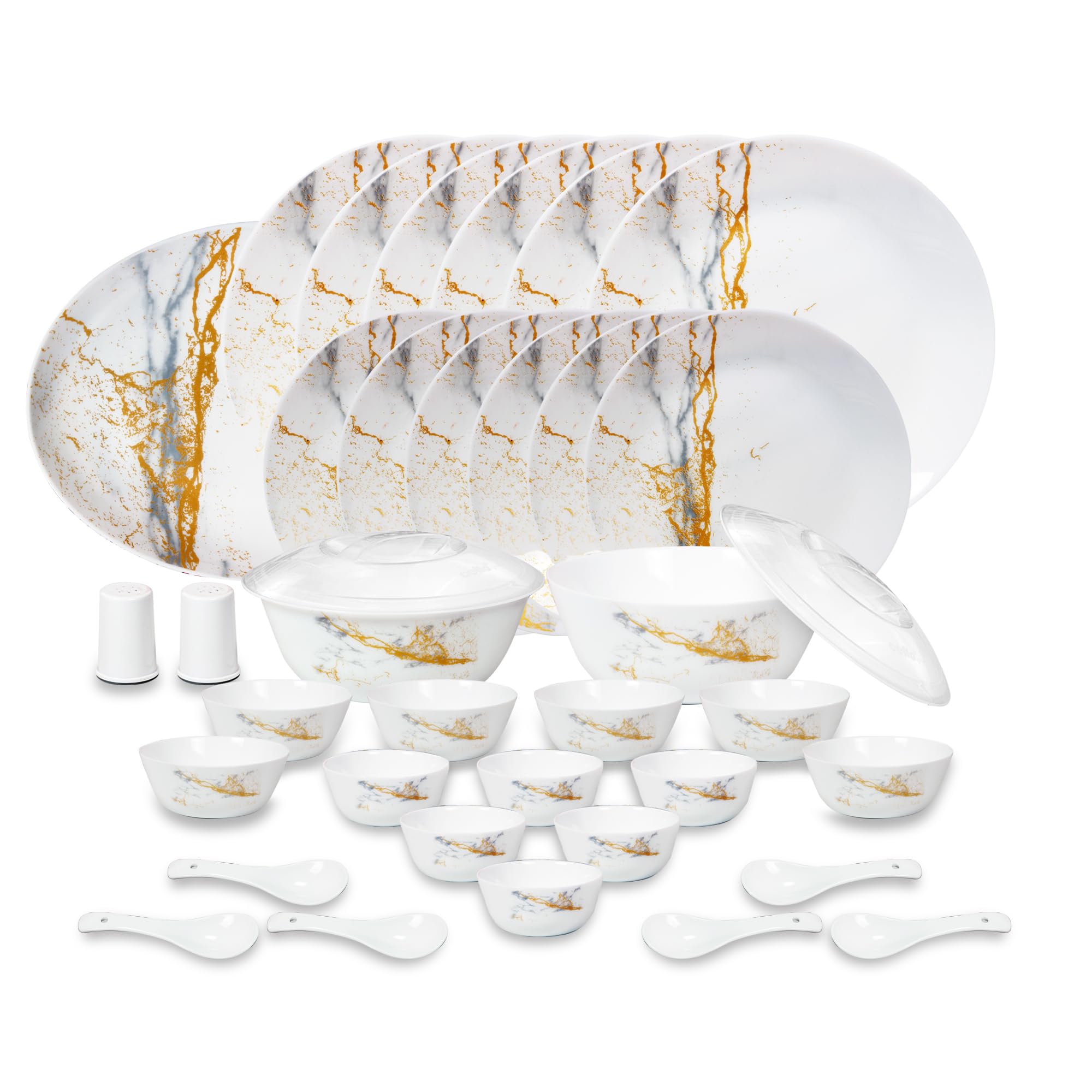 Cello Opalware Regal Series Calacatta Marble Dinner Set, 37 Units | Opal Glass Dinner Set For 6 | Crockery Set For Festive Ocass