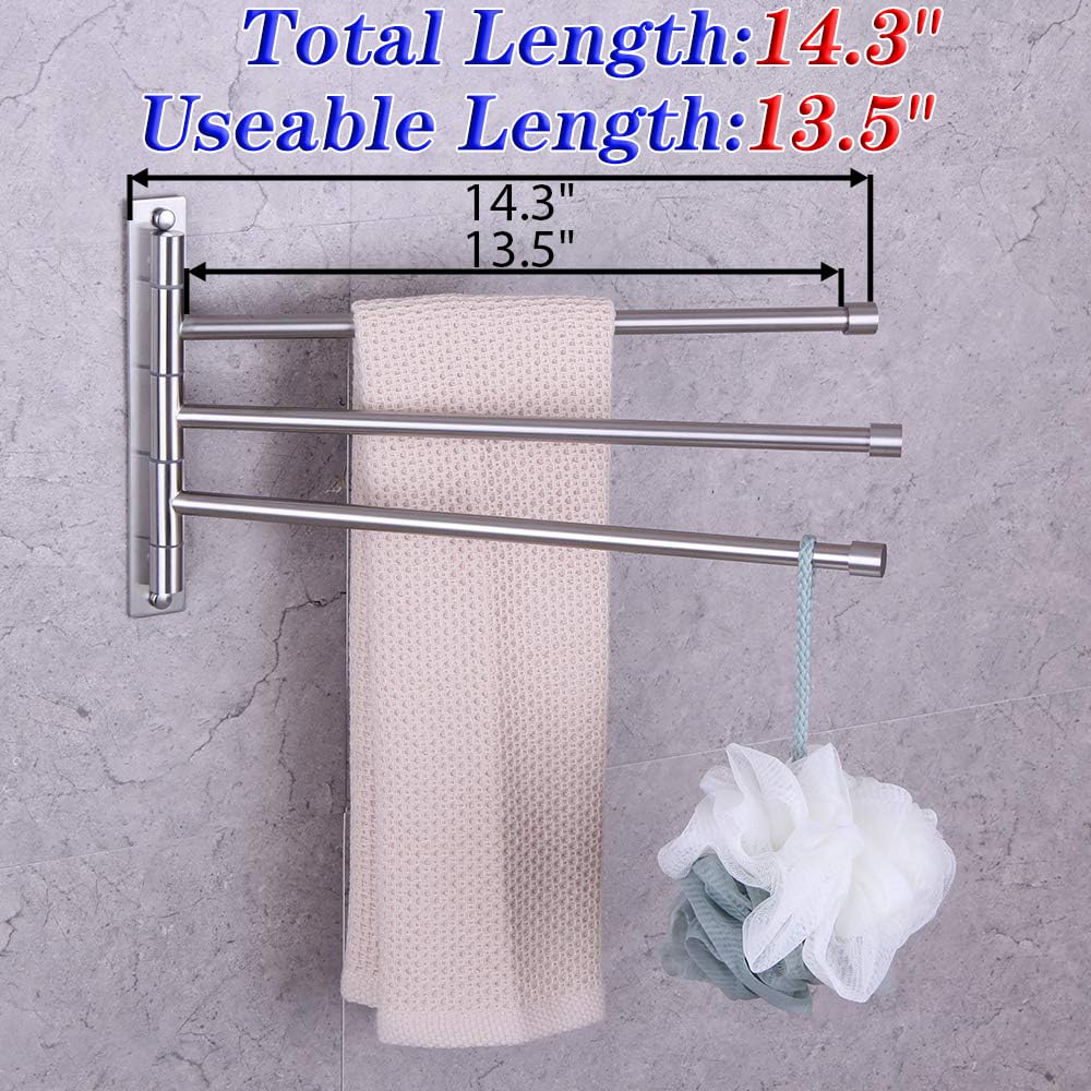GERZWY Bath Towel Holder Swing Out Towel Bar SUS 304 Stainless Steel Bathroom Hand Towel Rack 3-Bar Folding Arm Swivel Hanger Wall Mount Brushed Finish