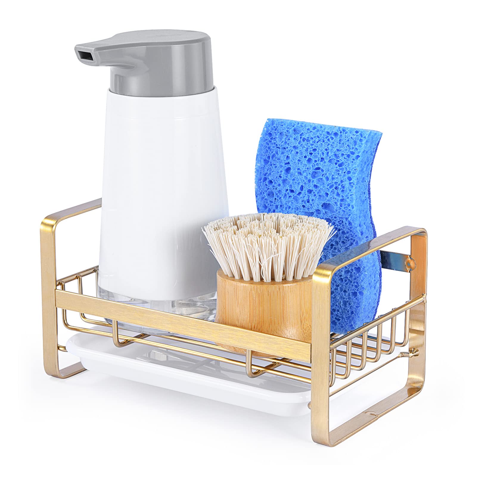 Hulisen Kitchen Sink Sponge Holder, 304 Stainless Steel Kitchen Soap Dispenser Organizer, Countertop Drainer With Removable Tray