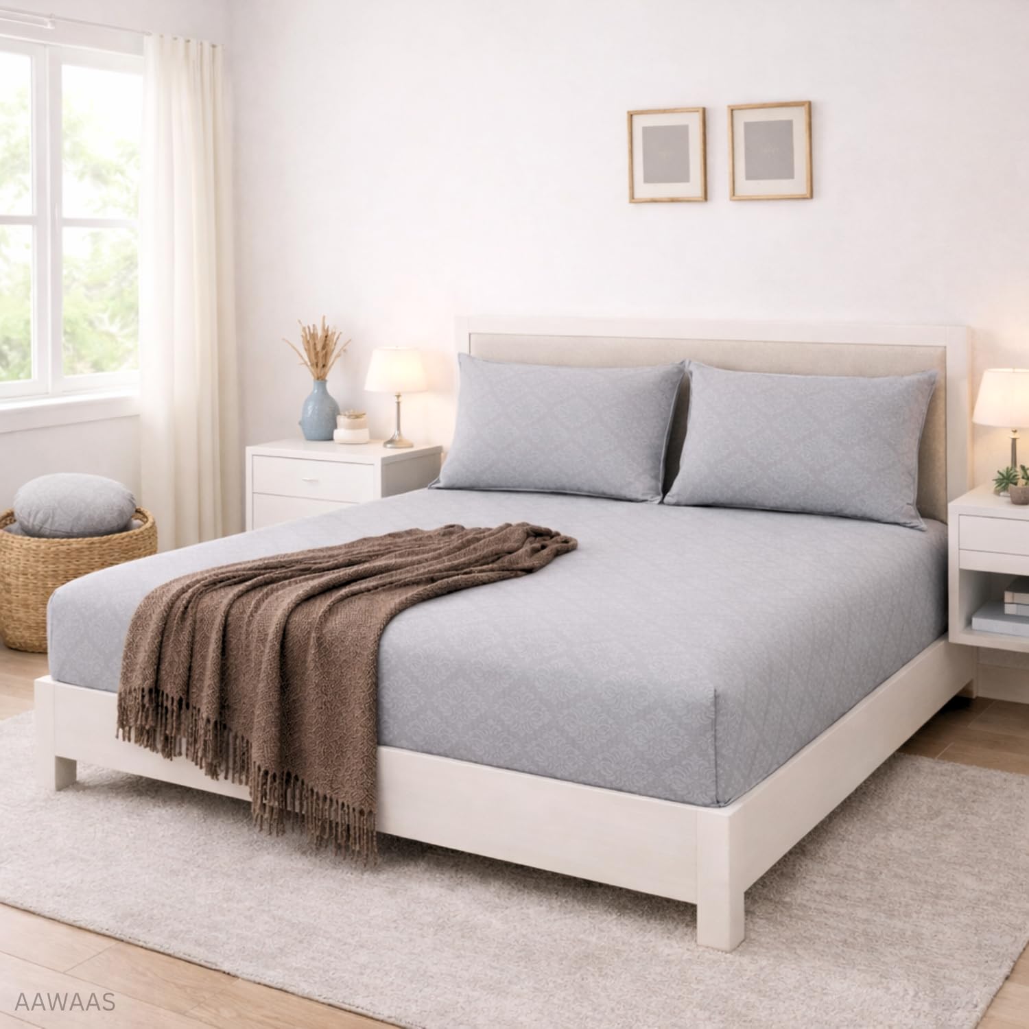 Aawaas 100% Cotton Feel Glace Cotton Elastic Fitted Printed King Size Double Bed Bedsheet With 2 Pillow Cover(72X78, Grey), 30