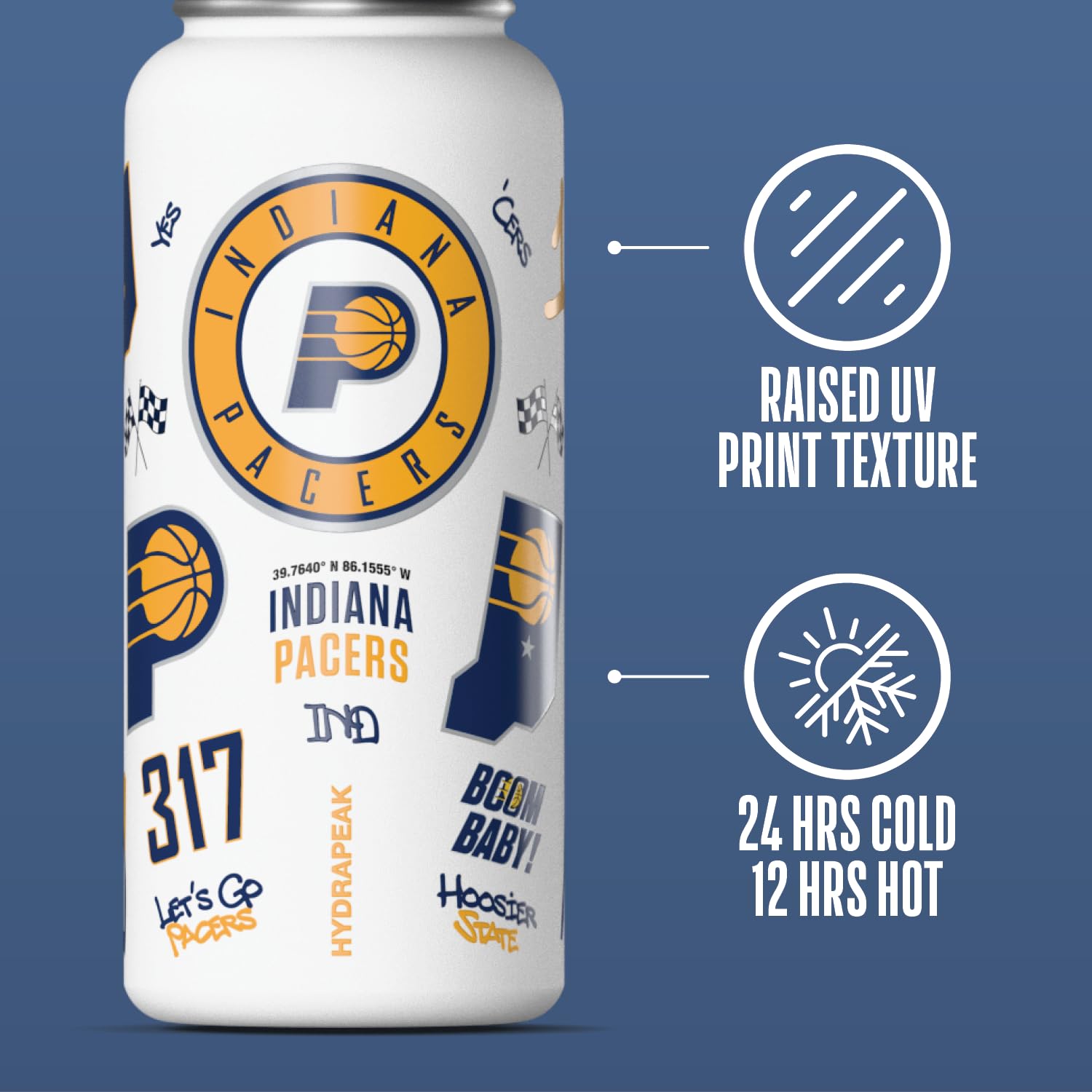 Hydrapeak x NBA Officially Licensed Indiana Pacers 32 oz Active Water Bottle with Chug Lid Reusable Stainless Steel Double Wall