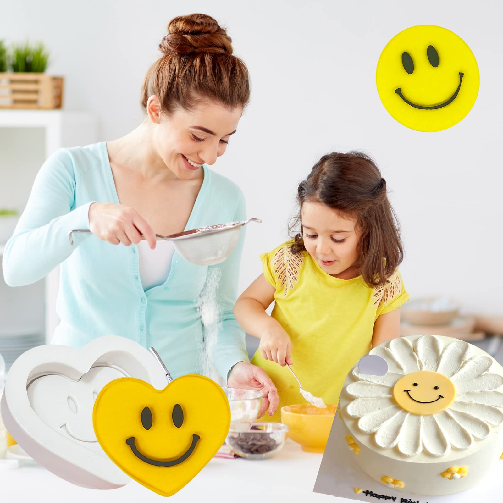 Smiley Face Fondant Molds (3Pcs), Smile Flower Heart Cake Decorating Silicone Mold For Cupcake Toppers, Cookies, Bread, Candy, C