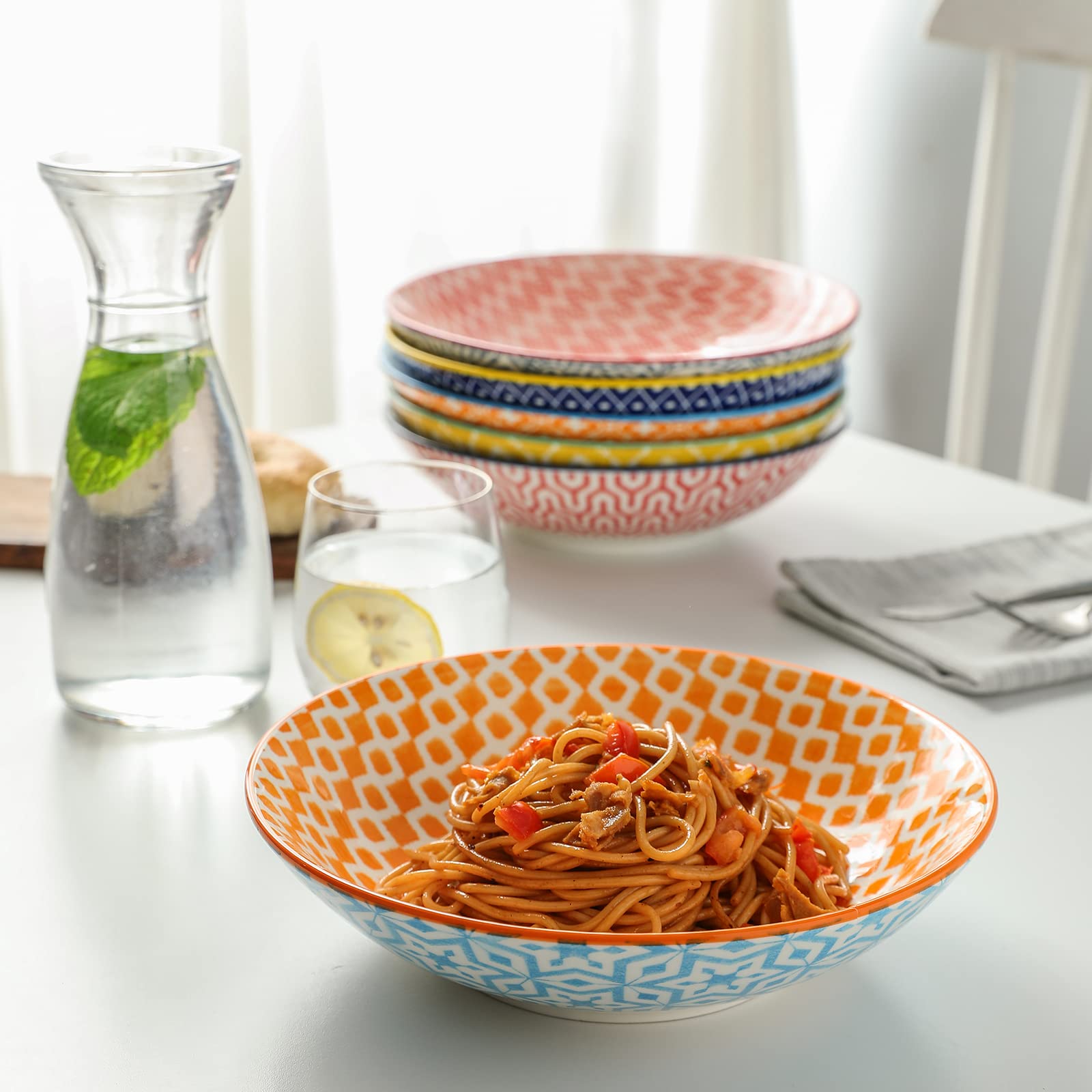 Selamica Ceramic 30Oz Large Pasta Salad Bowls 8 Inch Wide And Shallow Soup Bowls, Stackable, Microwave And Oven Safe, Set Of 6,