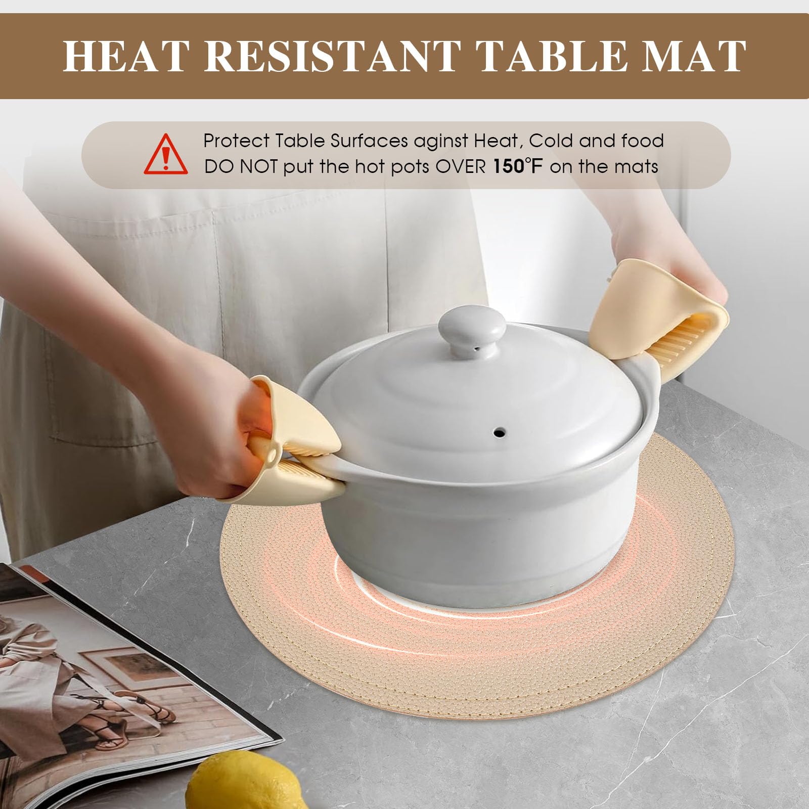 Set Of 6 Faux Leather Gold Round Placemats And Coasters, Coffee Mats Kitchen Table Mats, Waterproof, Easy To Clean For Kitchen D