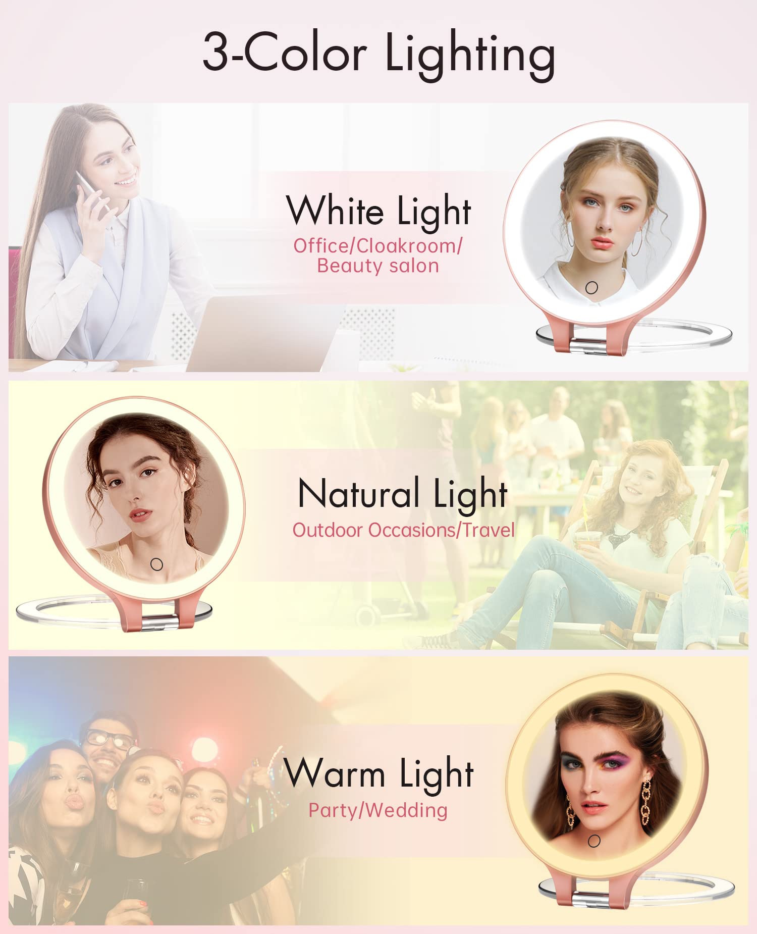 Fascinate Magnifying Mirror 10X 1X Double Sided Magnification Makeup Vanity Mirror Rechargeable Lighted Mirror With 3 Color Sett