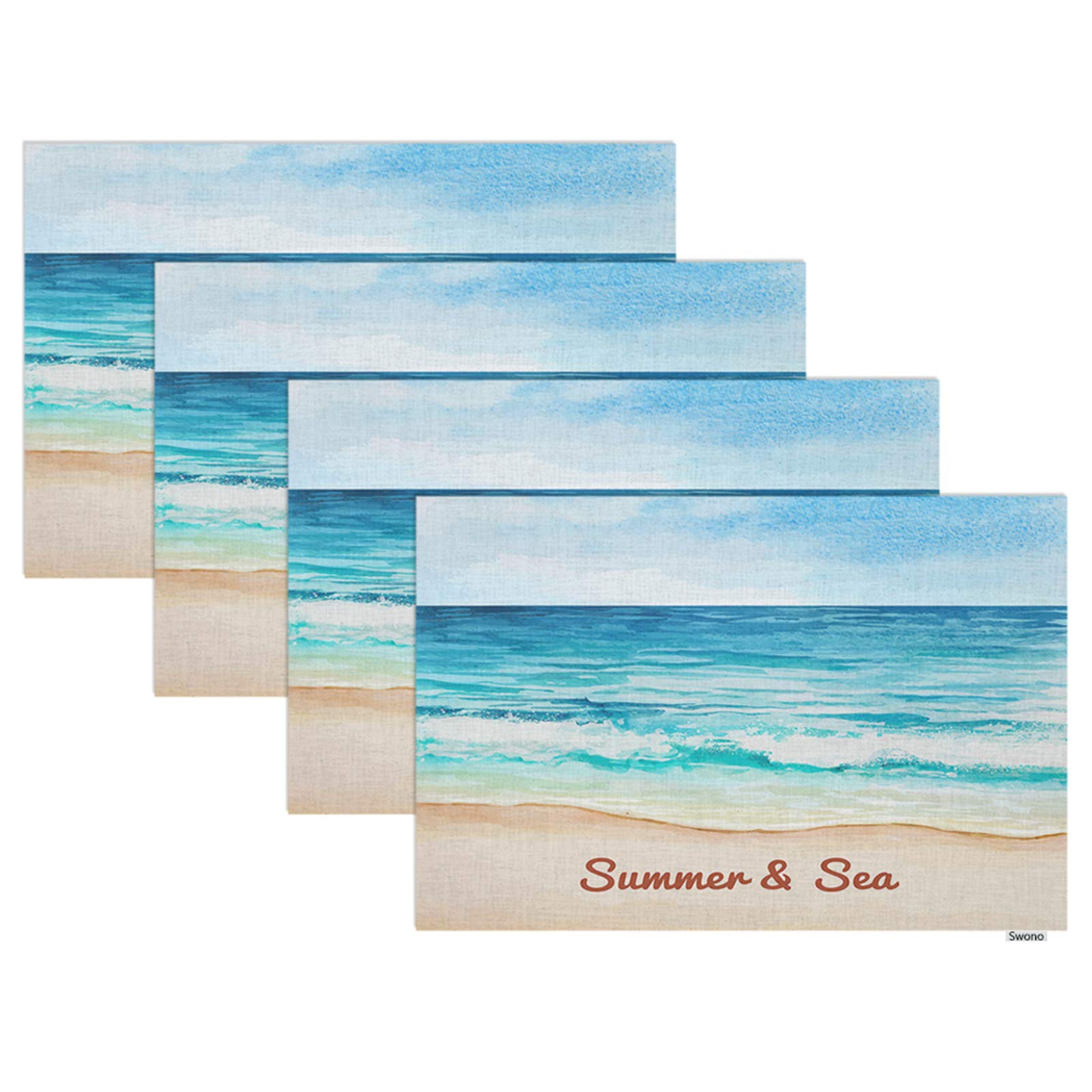 Swono Summer And Sea Beach Placemats,Golden Beach And Blue Sea Place Mats Home Decoration For Dinner Table,Indoor Outdoor Waterp