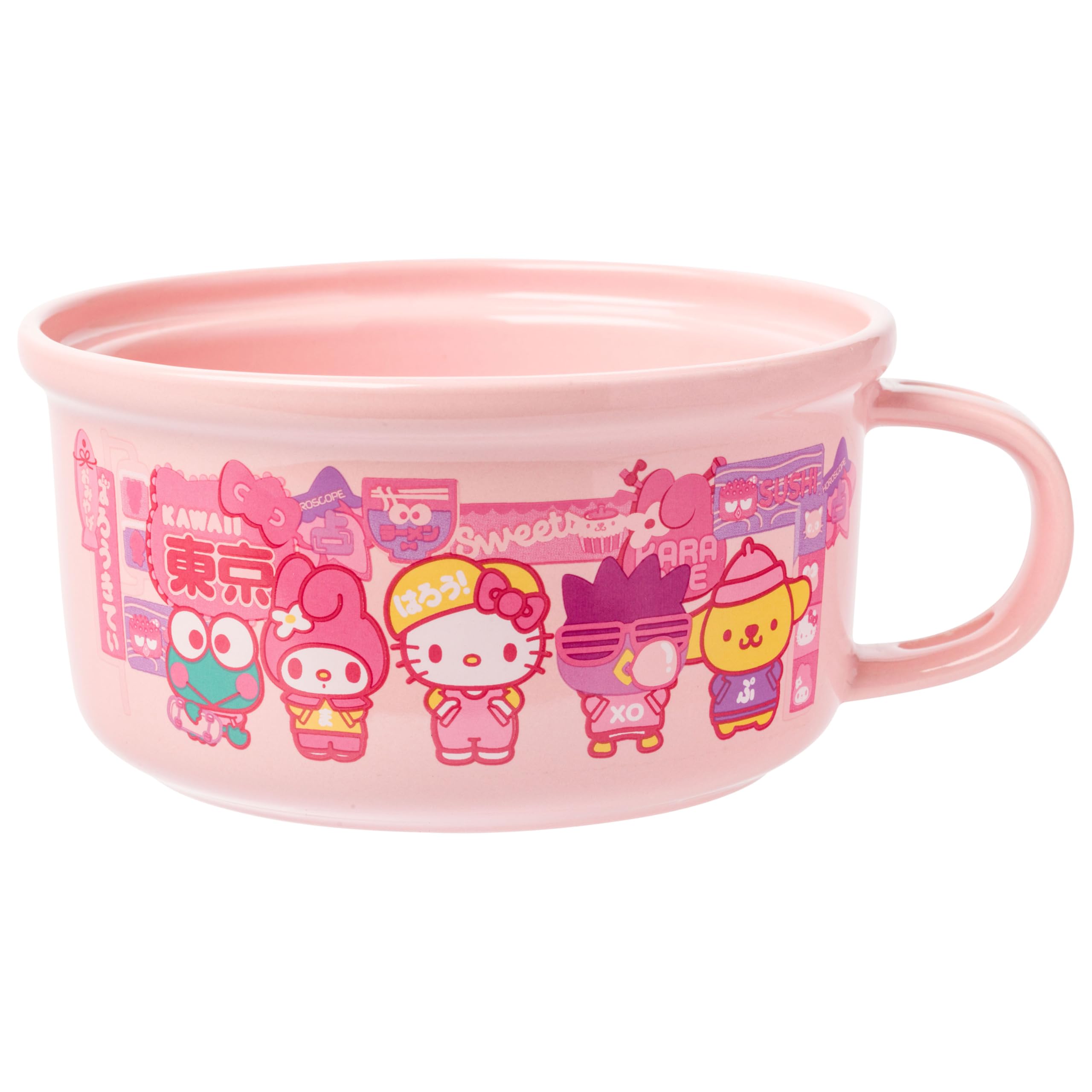 Silver Buffalo Sanrio Hello Kitty And Friends Featuring Keroppi, My Melody, Badtz-Maru, And Pompompurin Soup Mug And Bowl Lid Wi